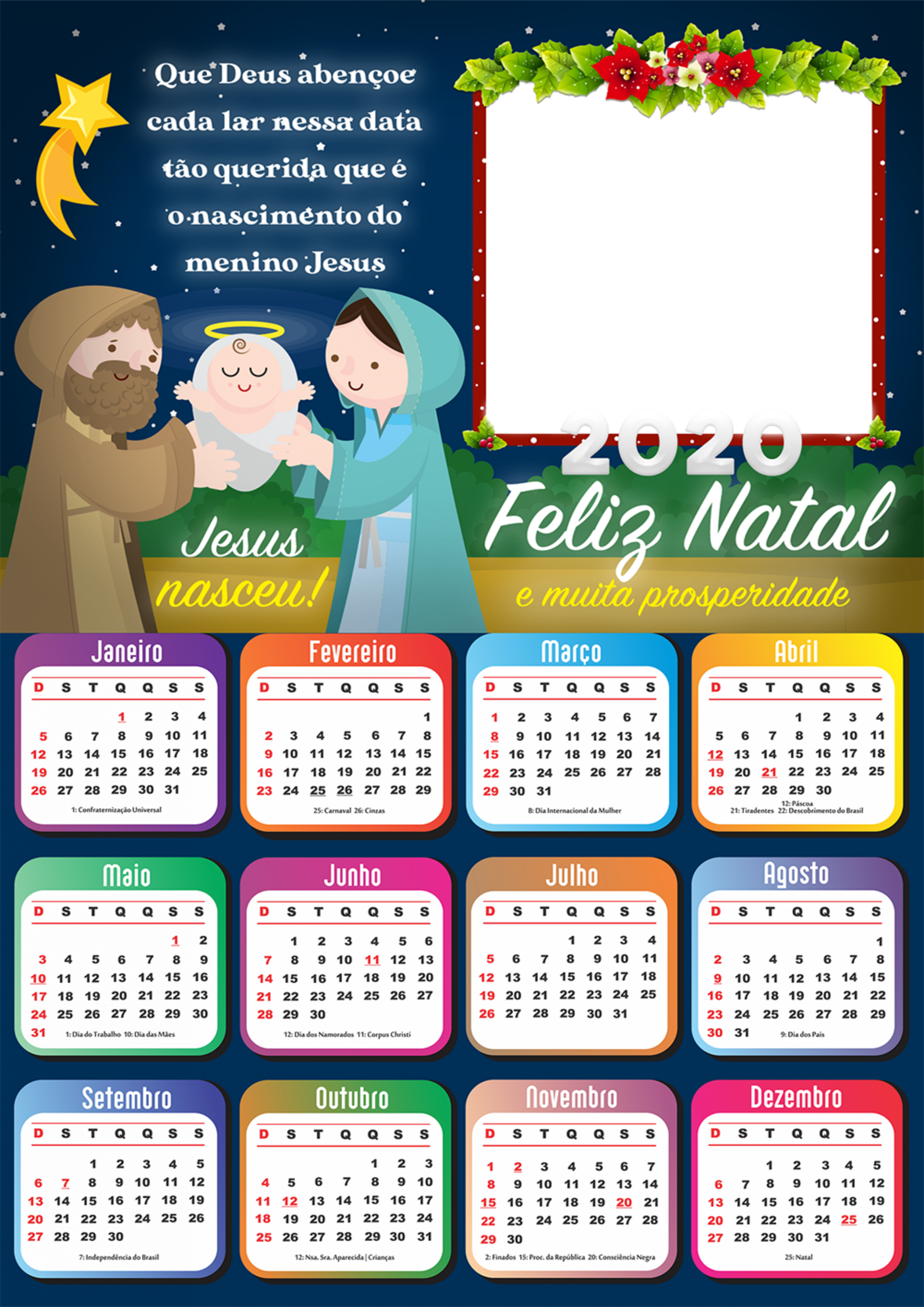Calendário natal 2020 ano novo moldura com foto png