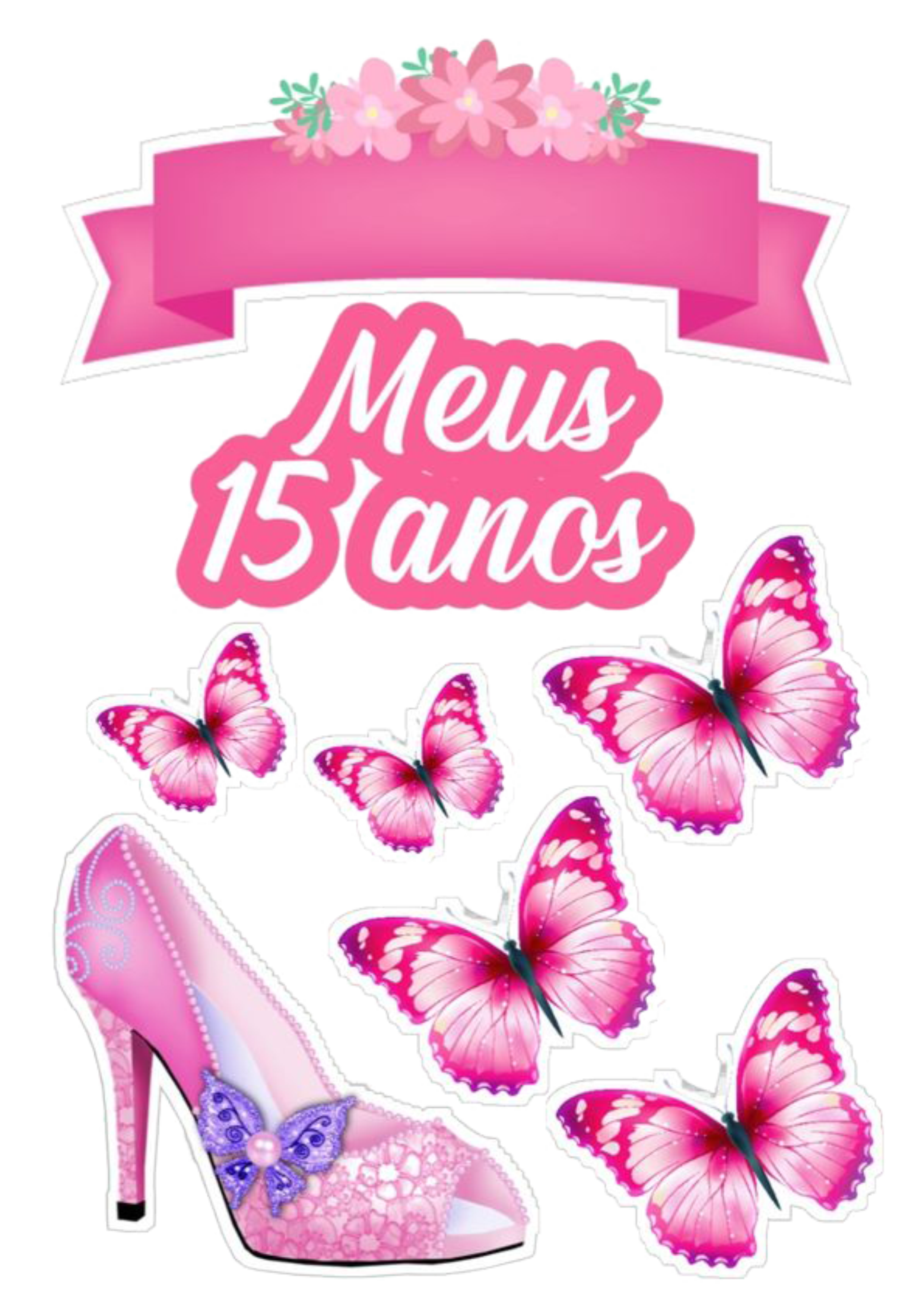 Topo de bolo meus 15 anos borboletas rosa png