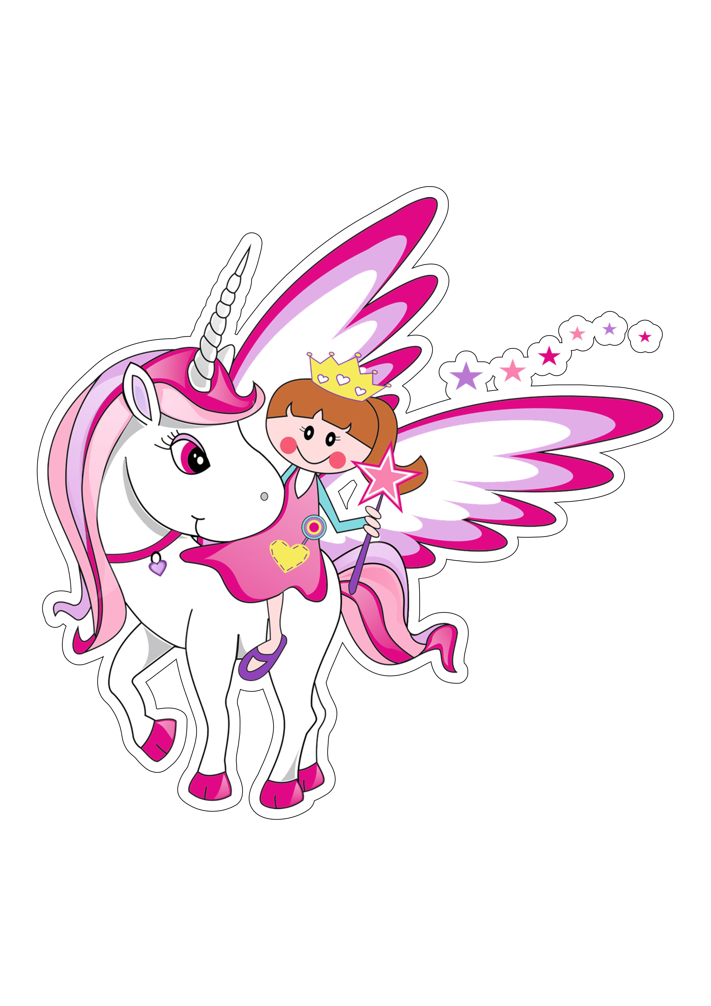Lindo unicornio rosa com menina fadinha com contorno png