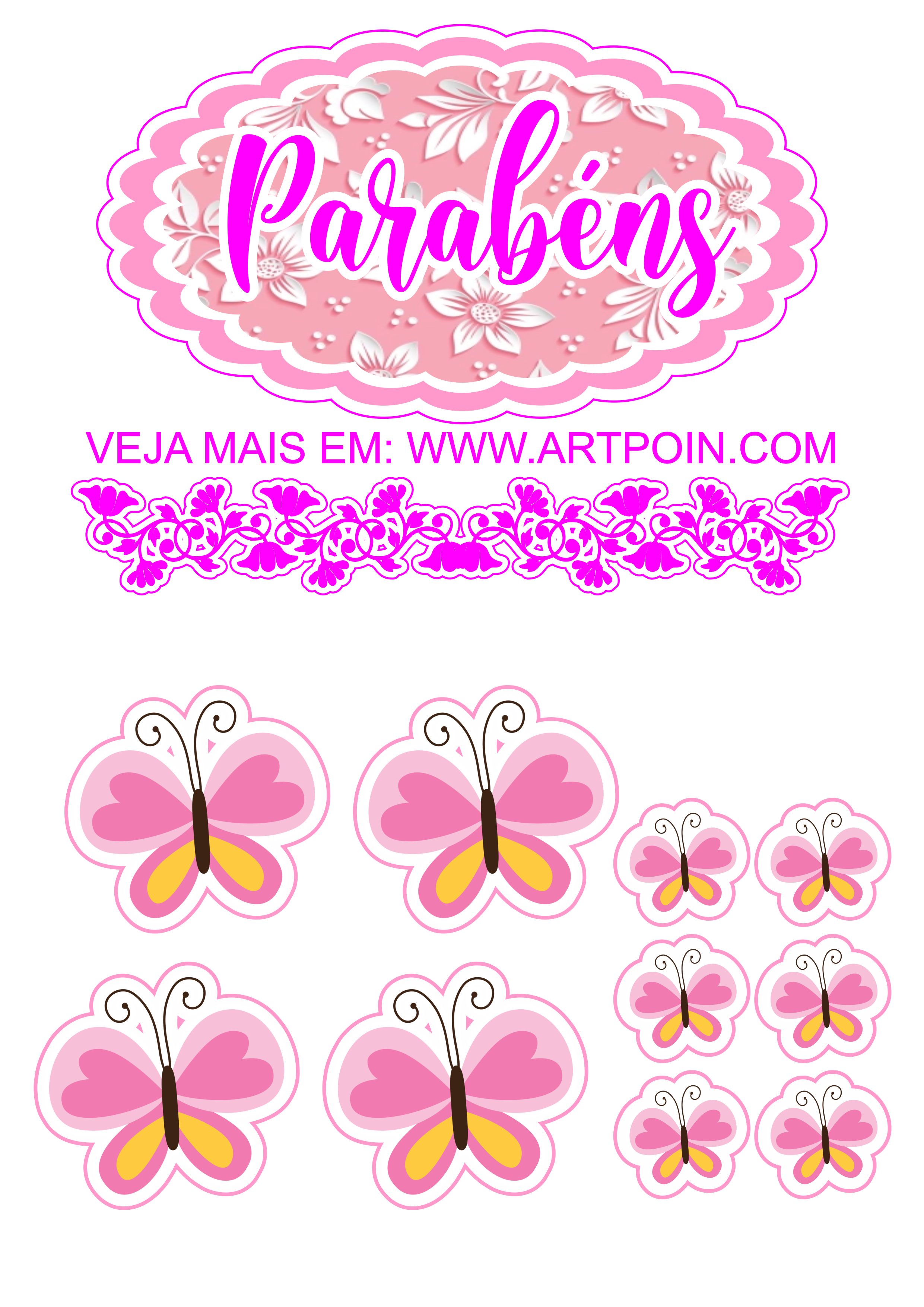 Topo de bolo rosa com borboletas e flores png