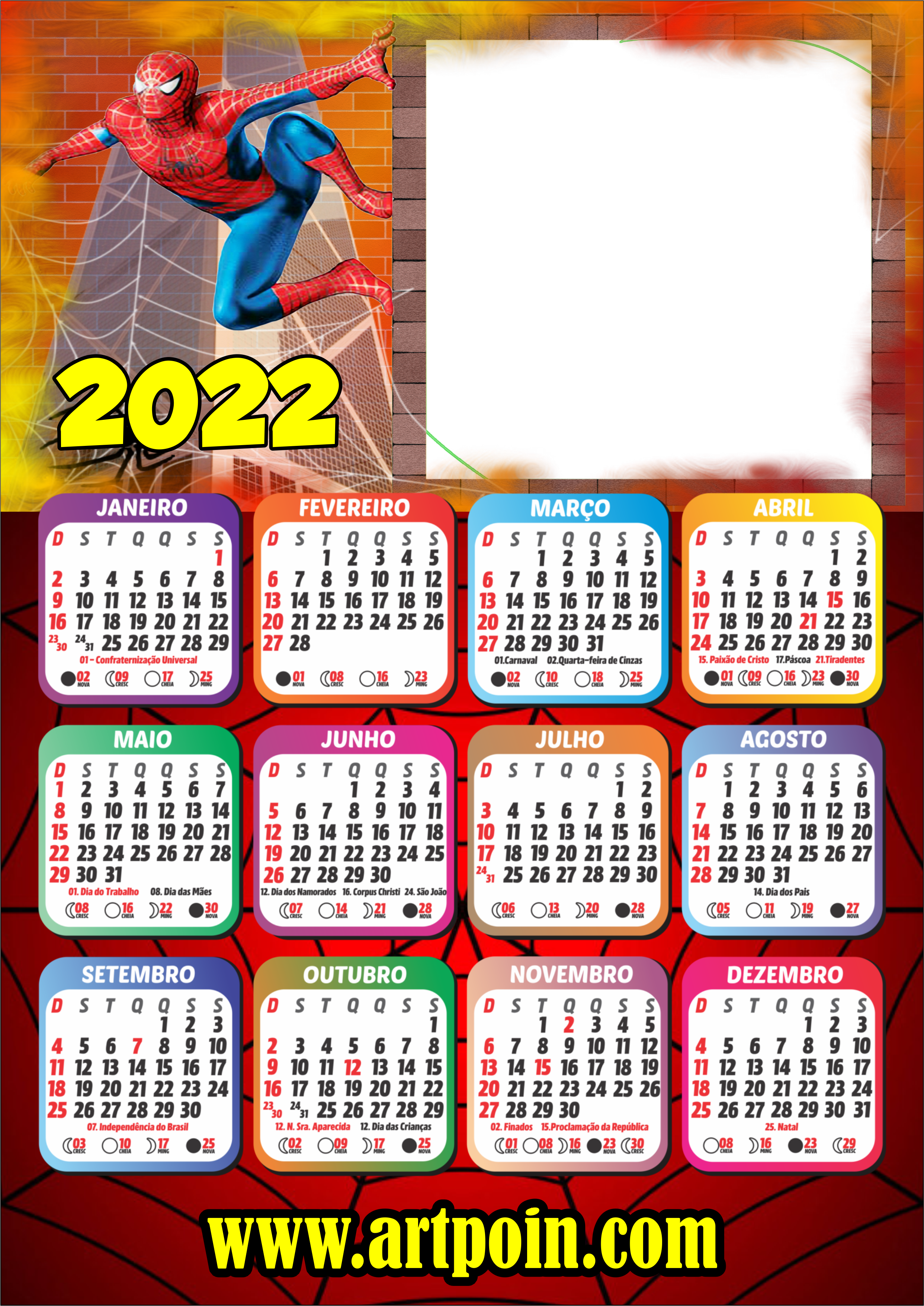 Calendário 2022 Homem aranha com espaço para foto png