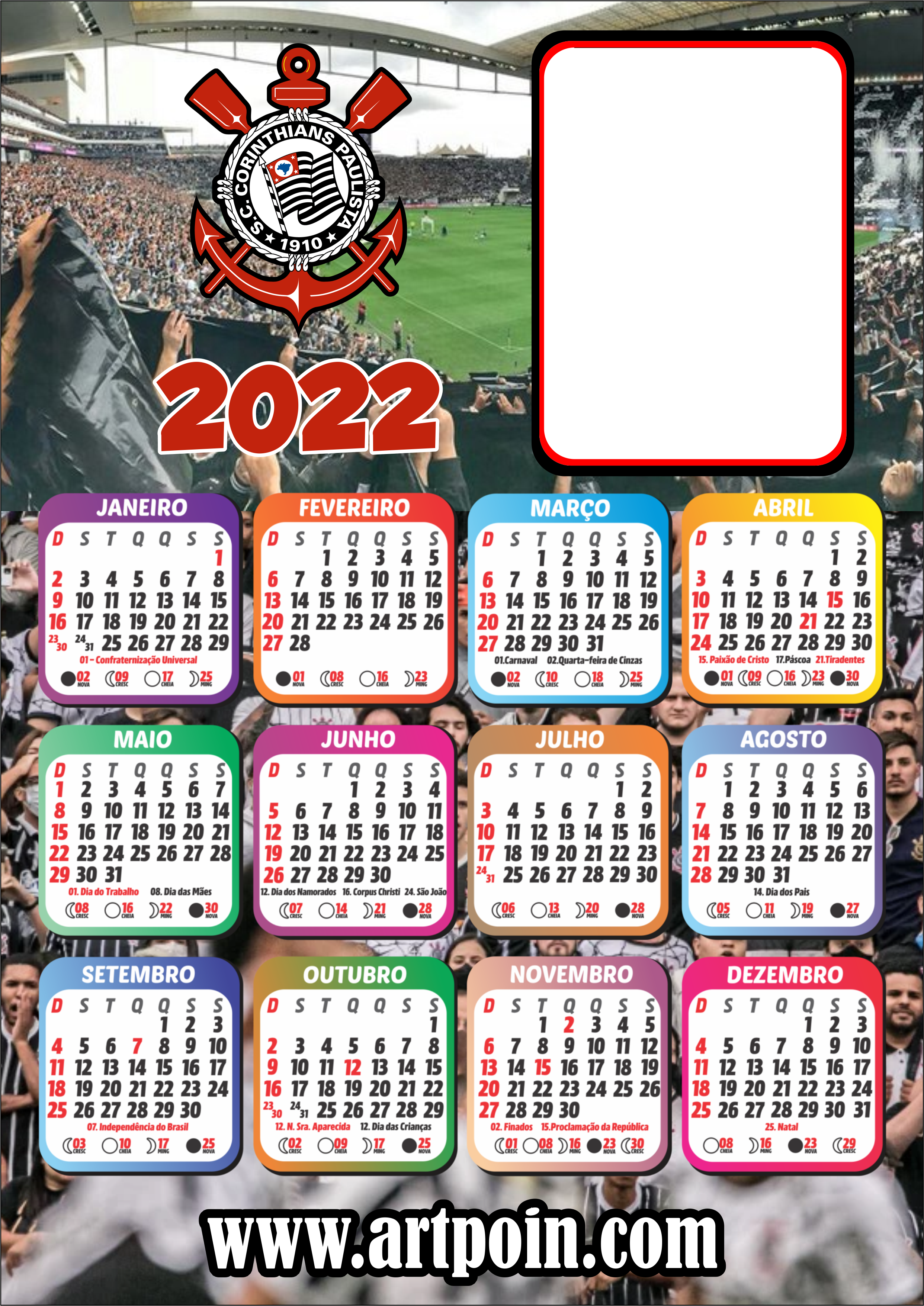 Calendário 2022 timão Corinthians  com espaço para foto png