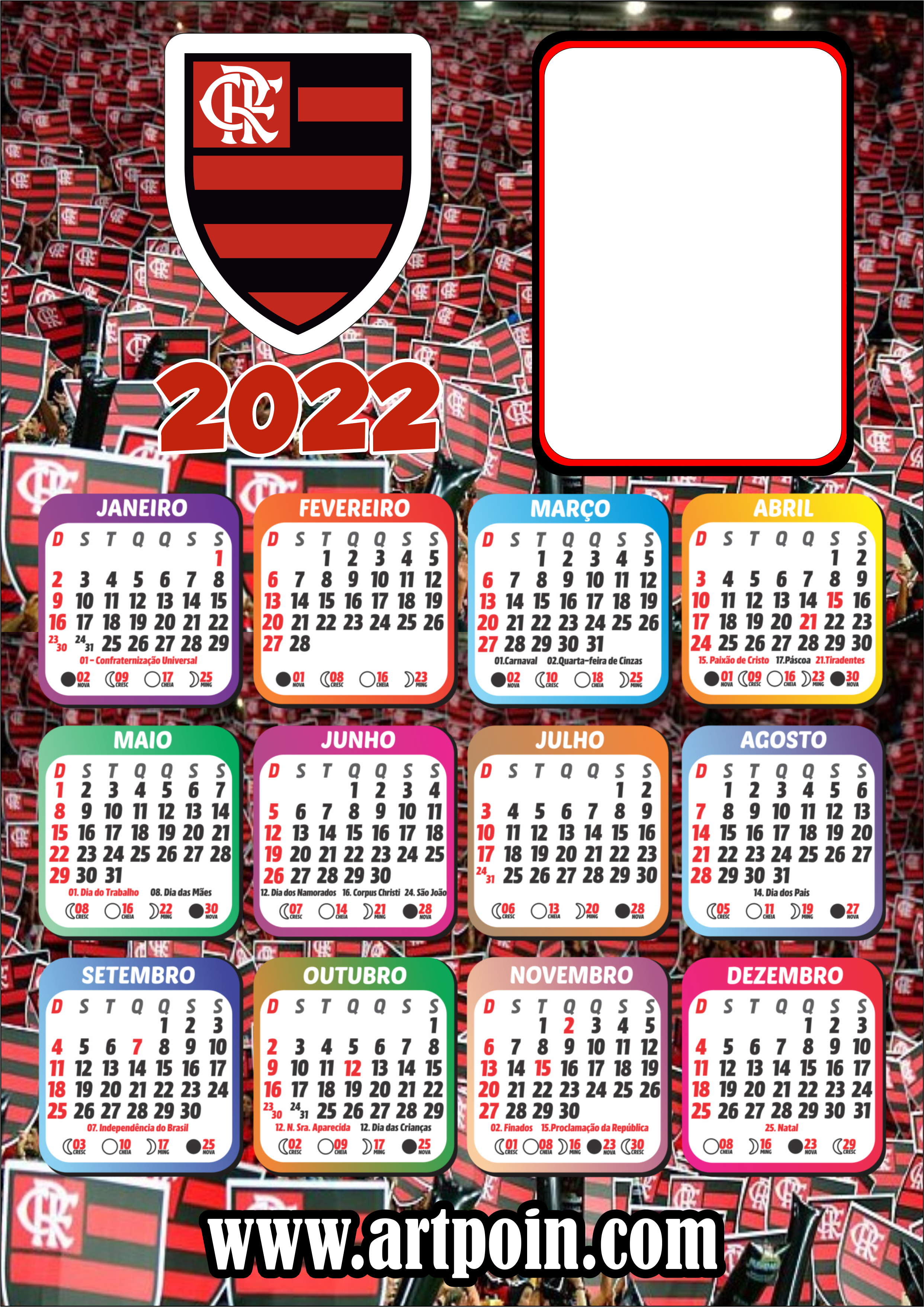 Calendário 2022 flamengo mengão com espaço para foto png