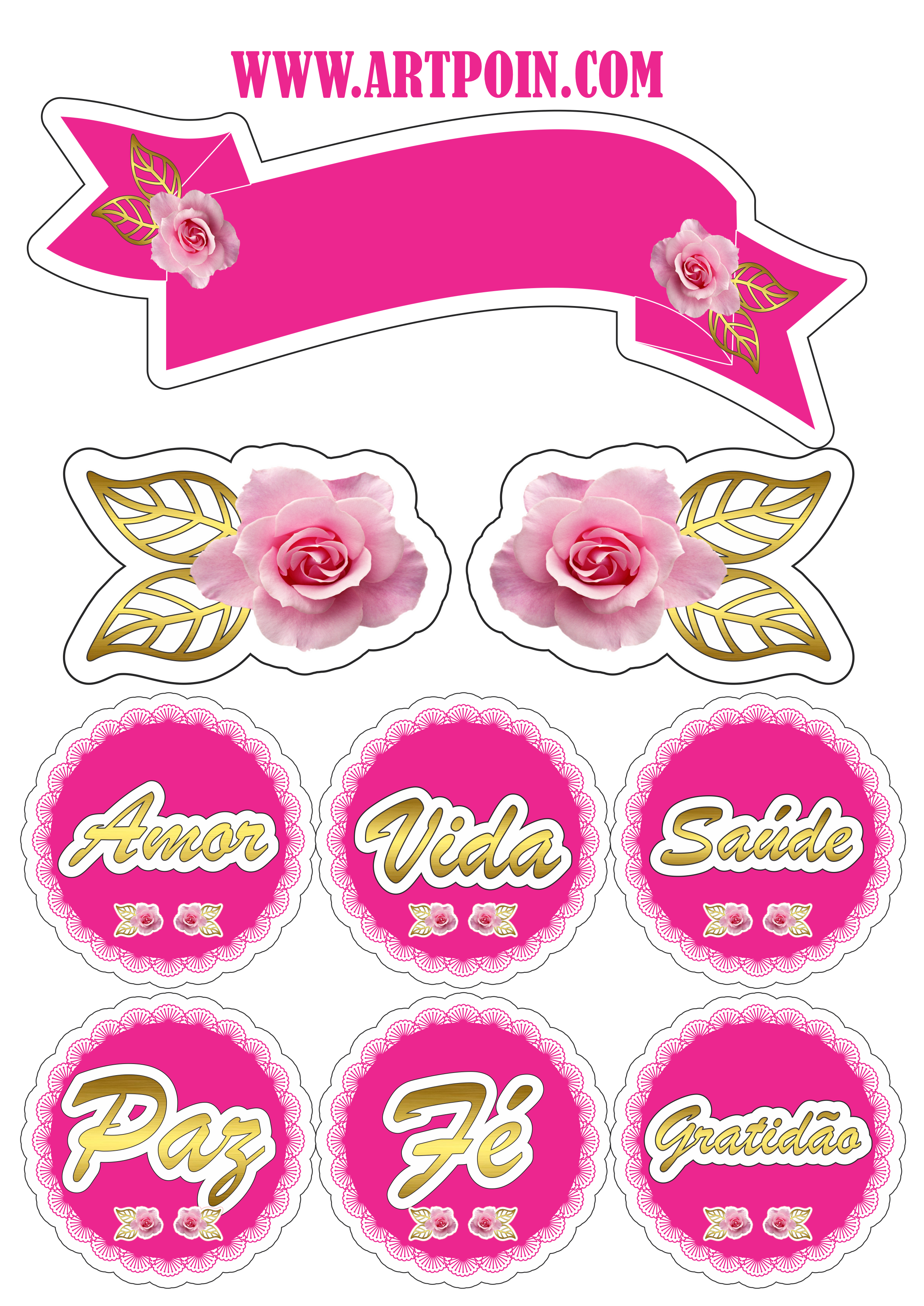 Lindo topo de bolo rosa com flores douradas para decoração de aniversário png