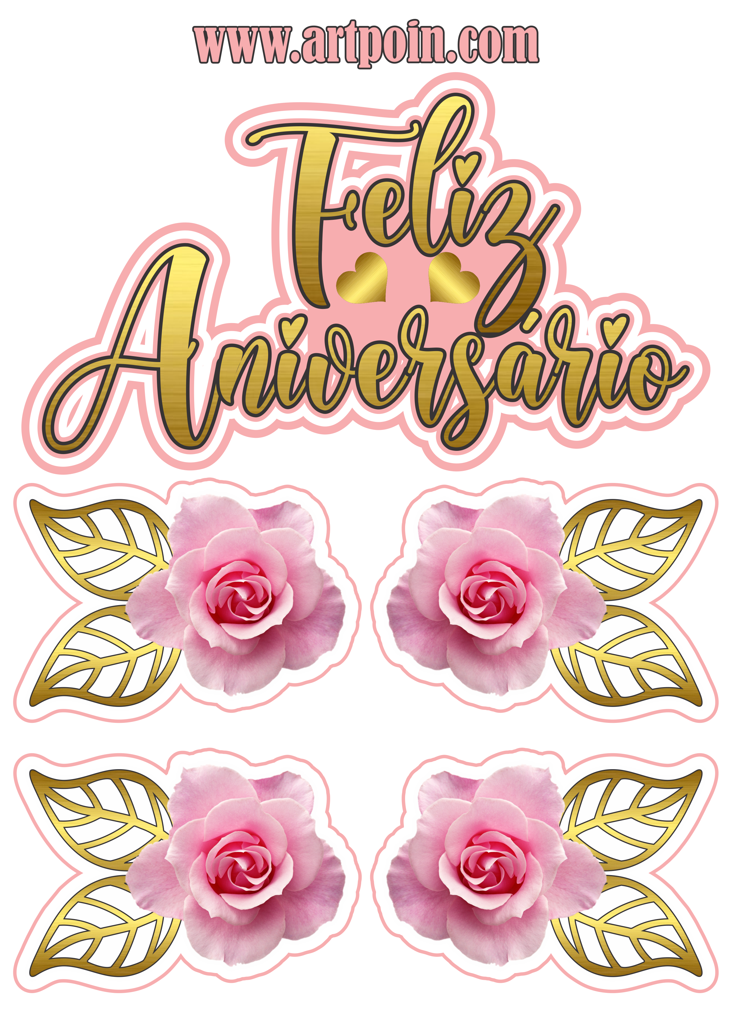 Decoração de bolo feliz aniversário com rosas douradas png