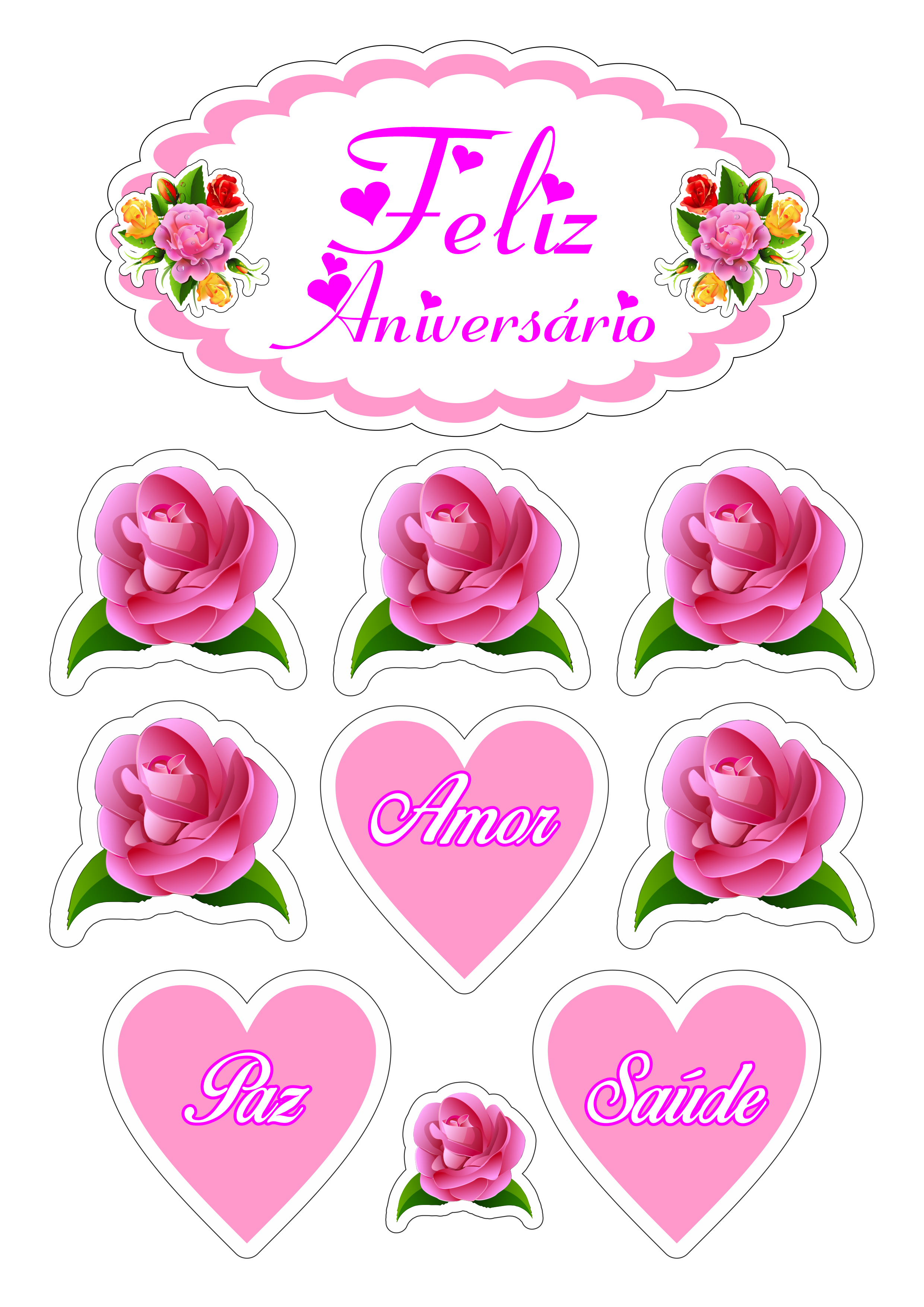 Topo de bolo feliz aniversário flores rosa decoração png