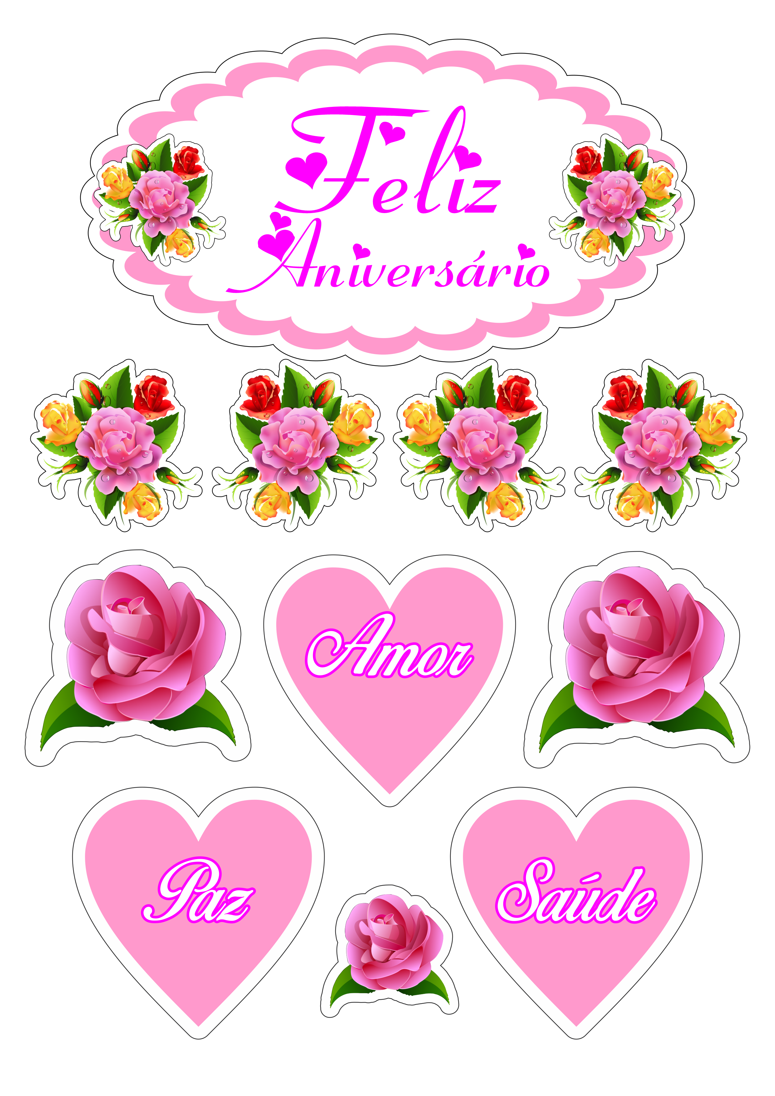 Feliz aniversário topo de bolo flores rosa pink festa só um bolinho png