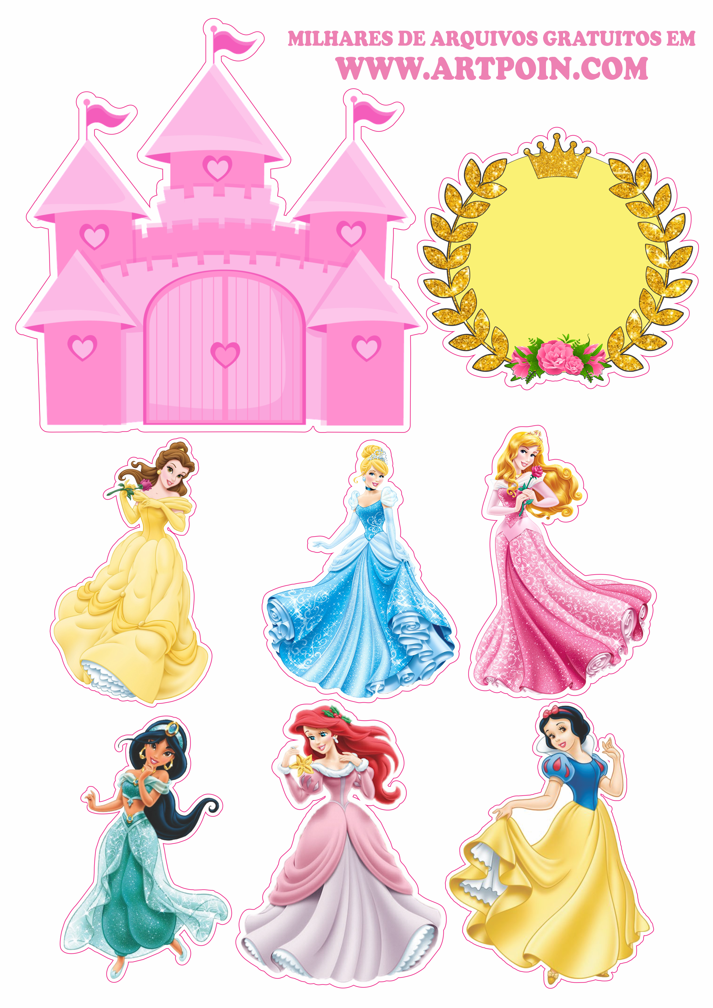 Topo de bolo para imprimir princesas disney animação infantil festa de  aniversário rosa parabéns castelo coroa e estrelas png
