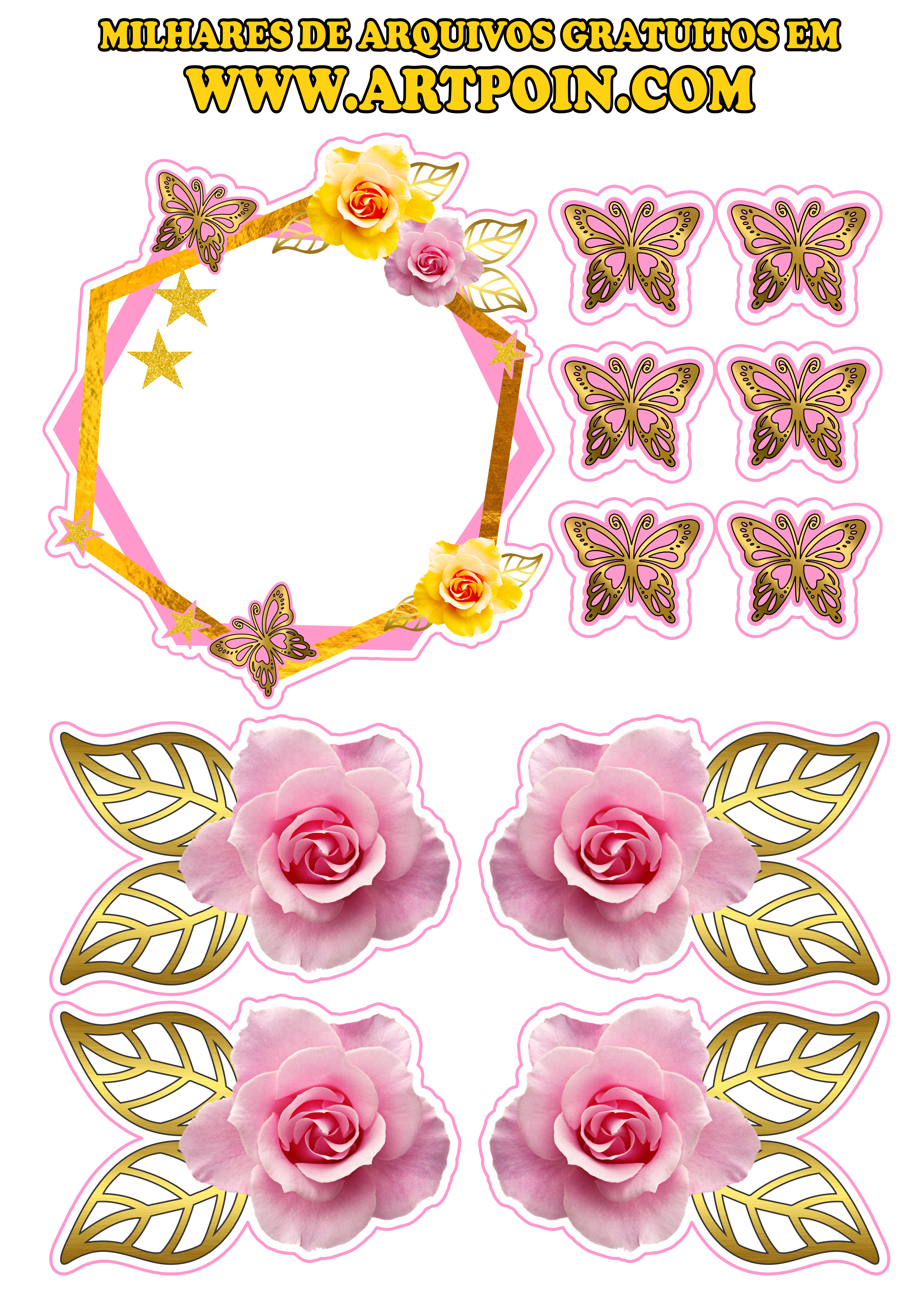 Topo de bolo flores e borboletas ideal para sua festa grátis para imprimir png
