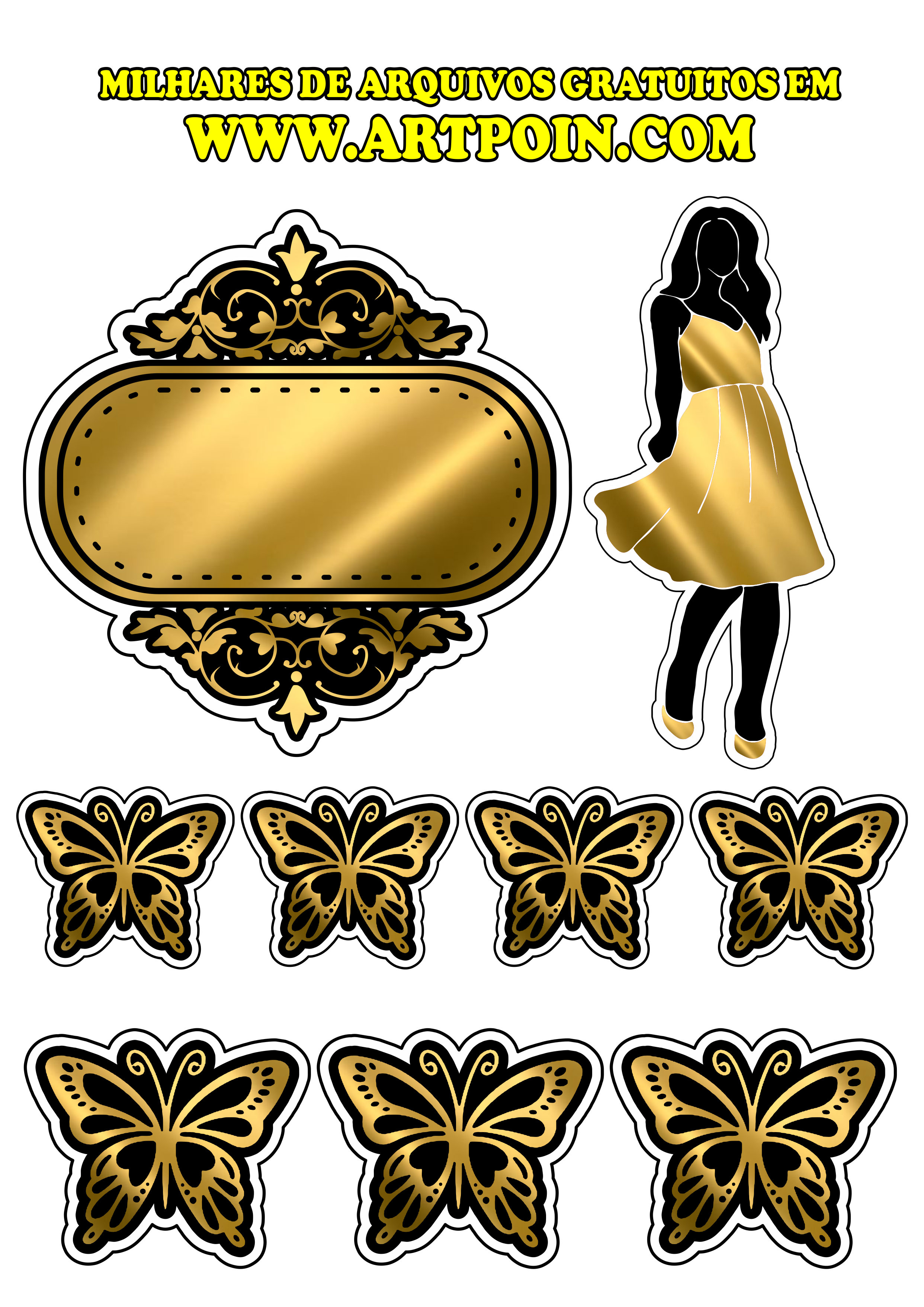 Topo de bolo mulher de vestido dourado com borboletas png