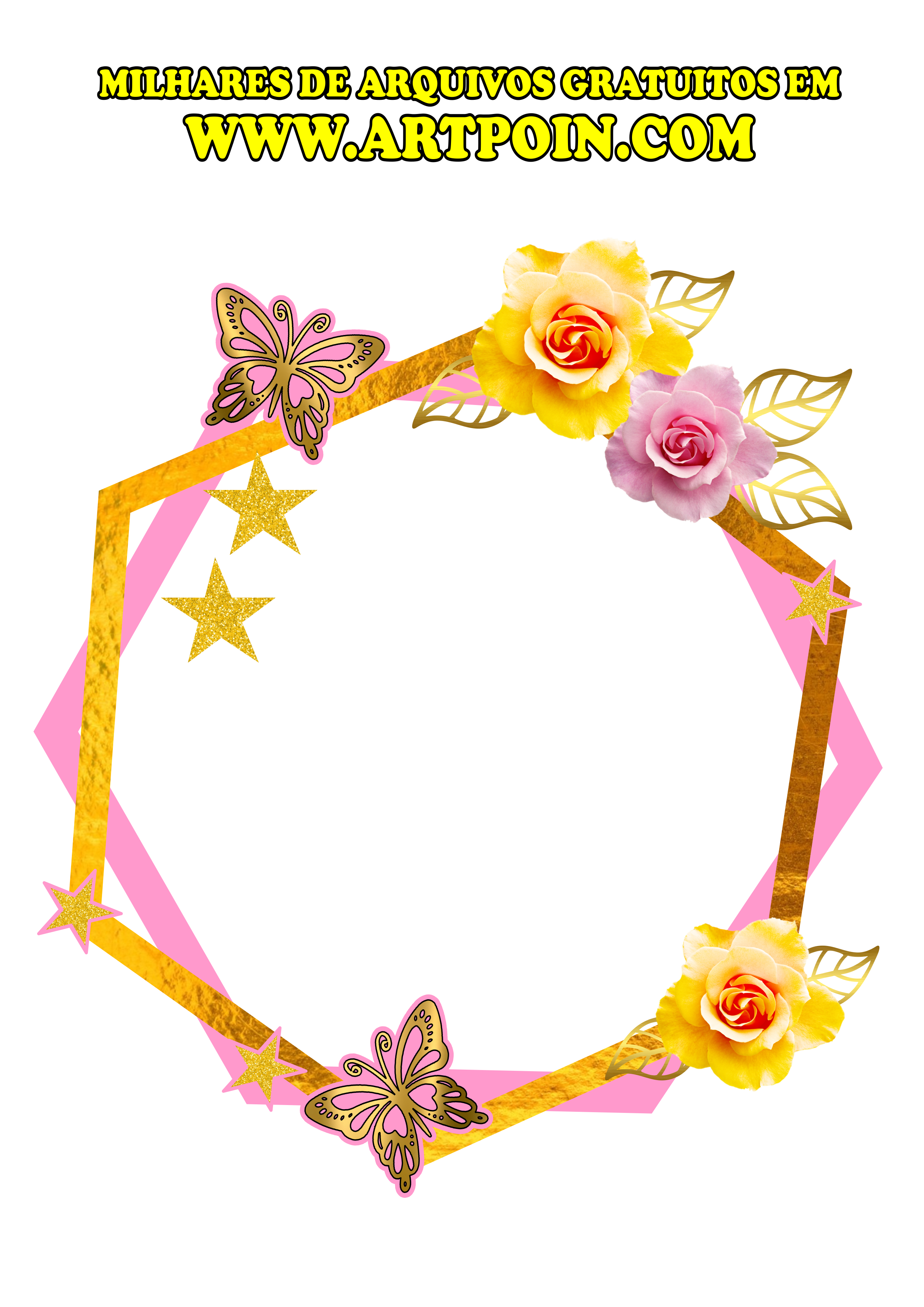 Círculo decorado com flores e borboletas douradas para topo de bolo png
