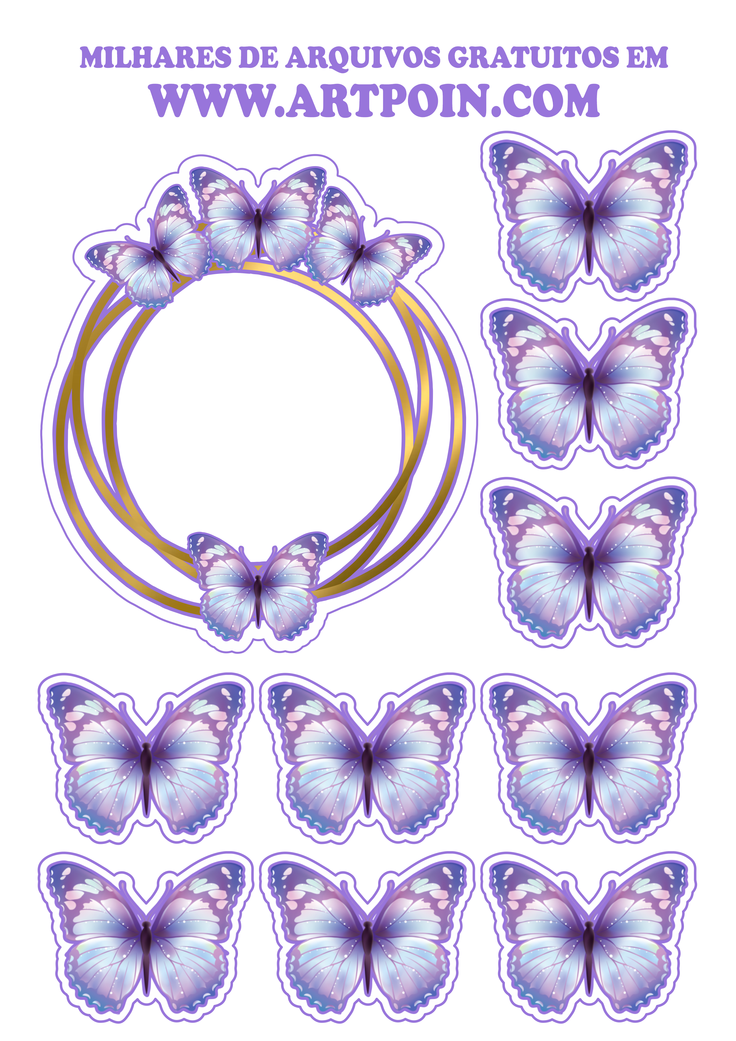 Topo de bolo borboletas lilás com dourado lindo grátis png