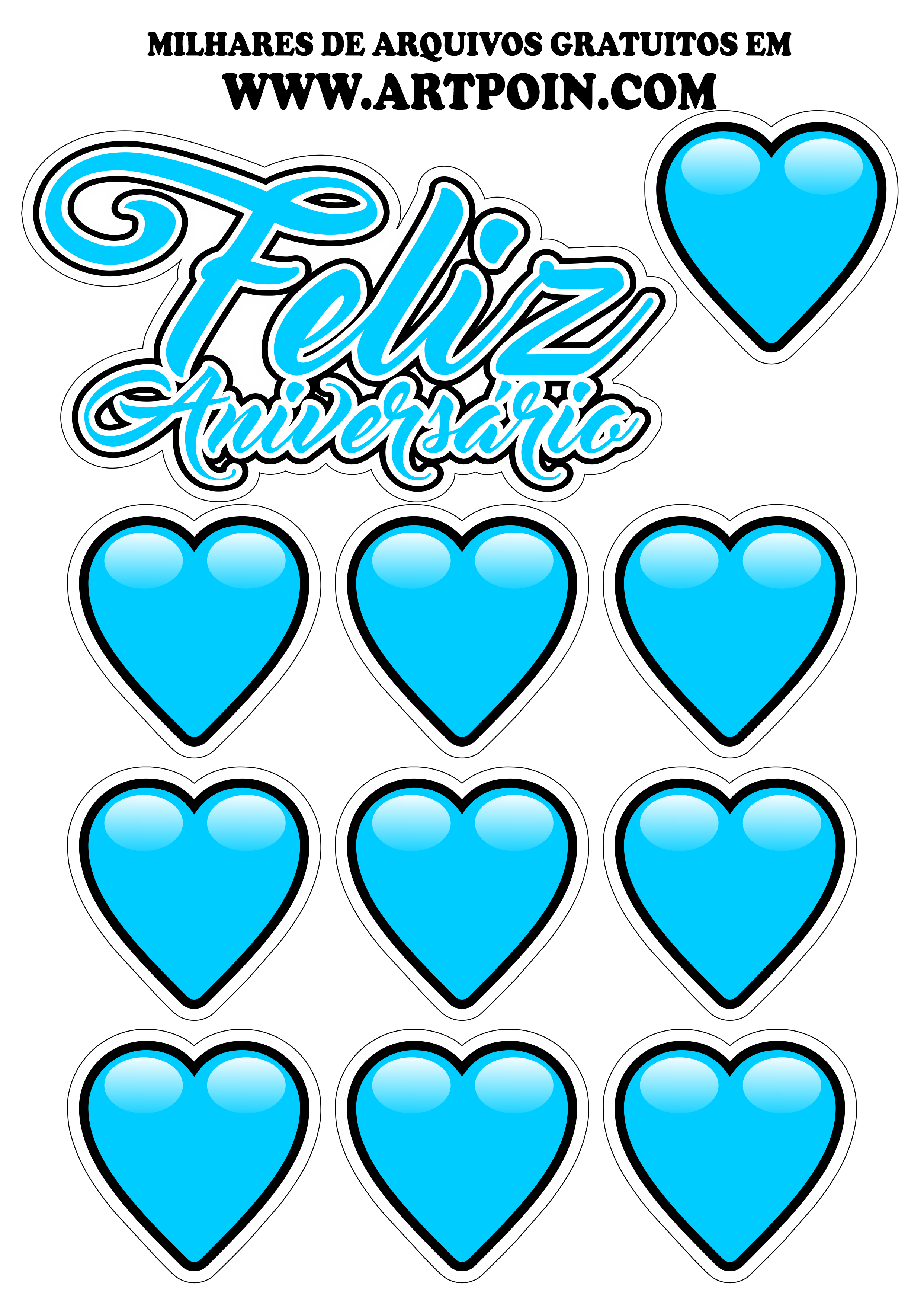 Feliz aniversário azul com corações pronto para impressão png