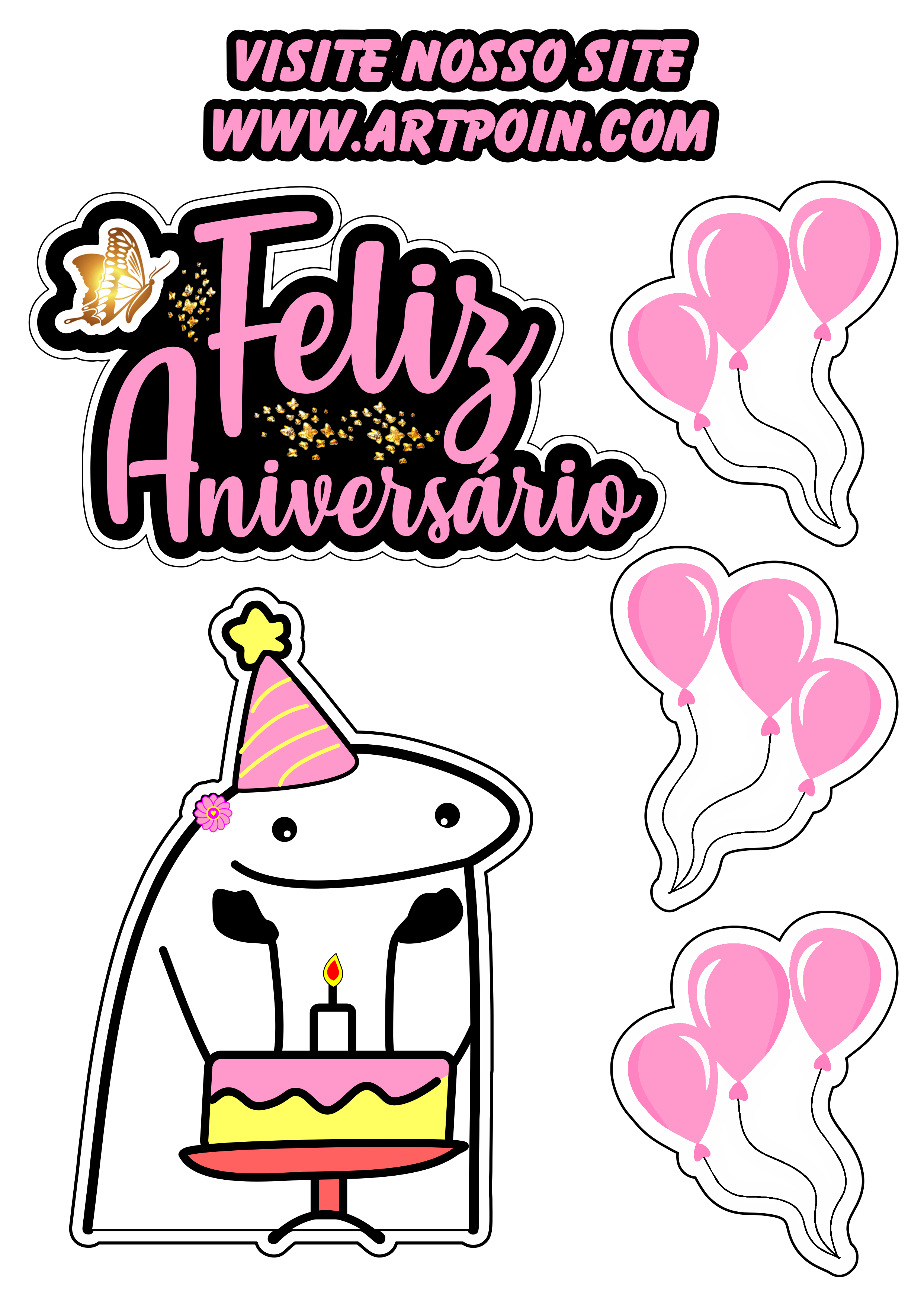 Flork figurinha whatsapp topo de bolo rosa feliz aniversário png