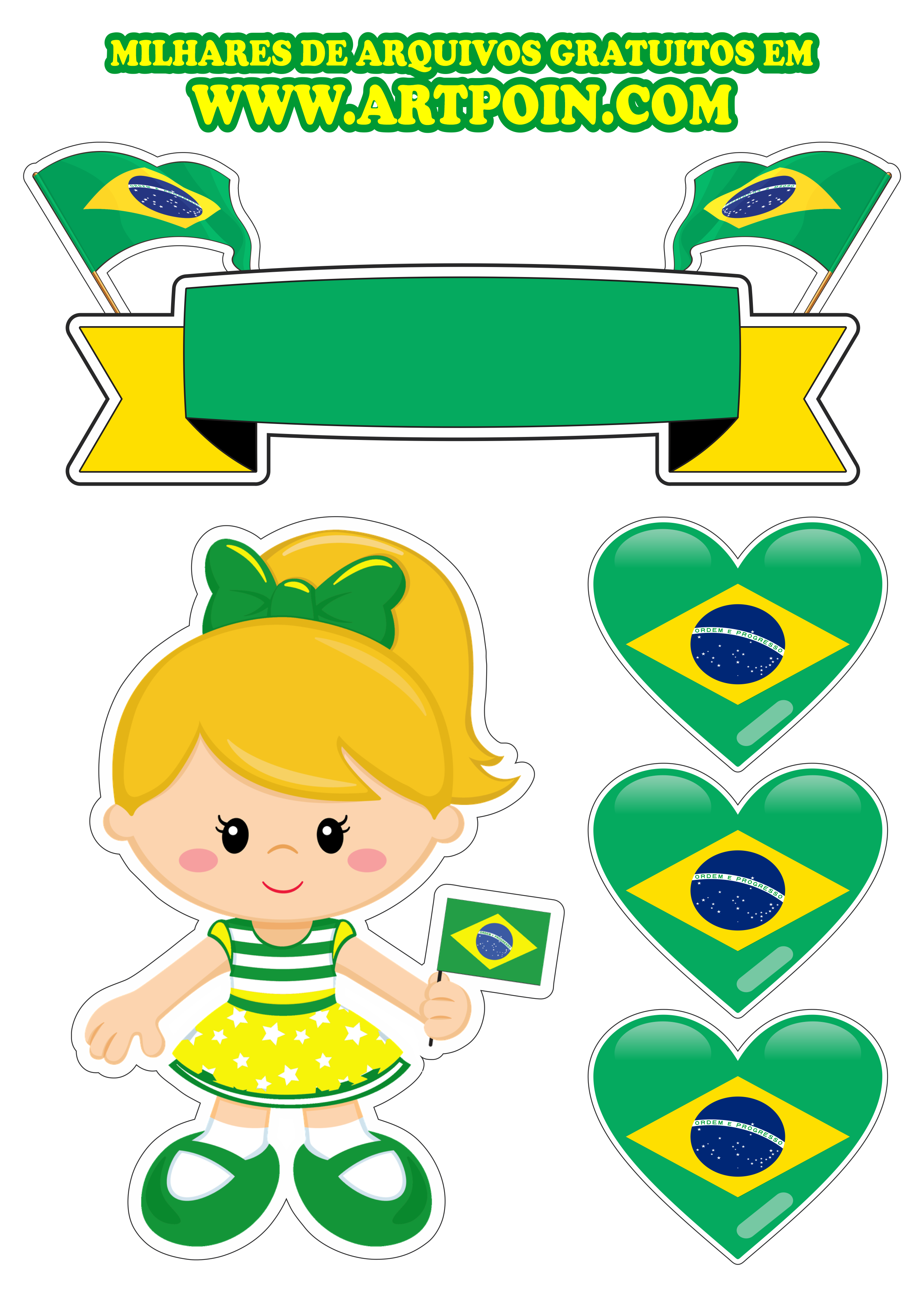 Topo de bolo copa do mundo 2022 menina loirinha verde e amarelo png
