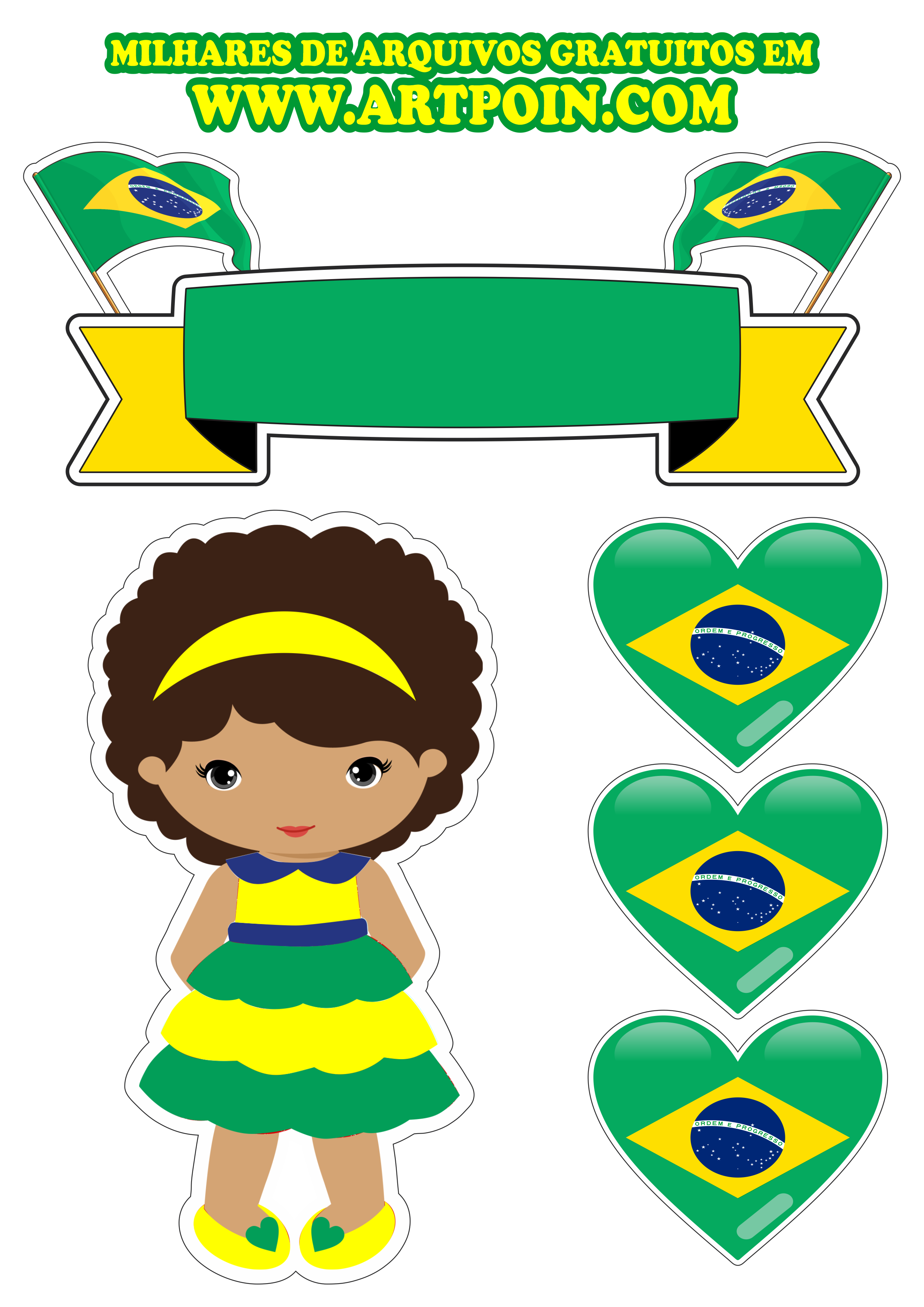Topo de bolo copa do mundo 2022 menina moreninha verde e amarelo png