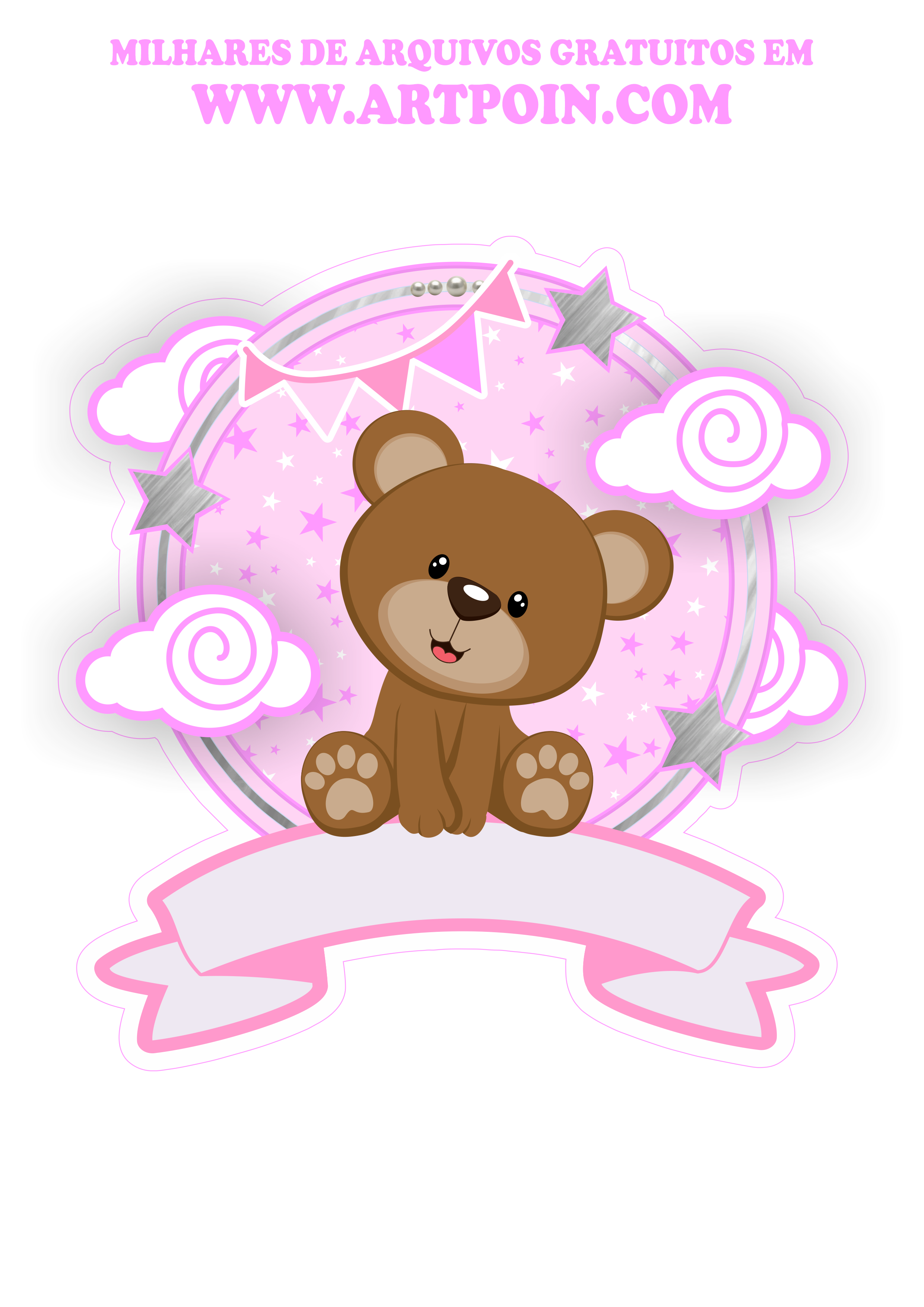 Ursinho decoração para aniversário infantil topo de bolo rosa png