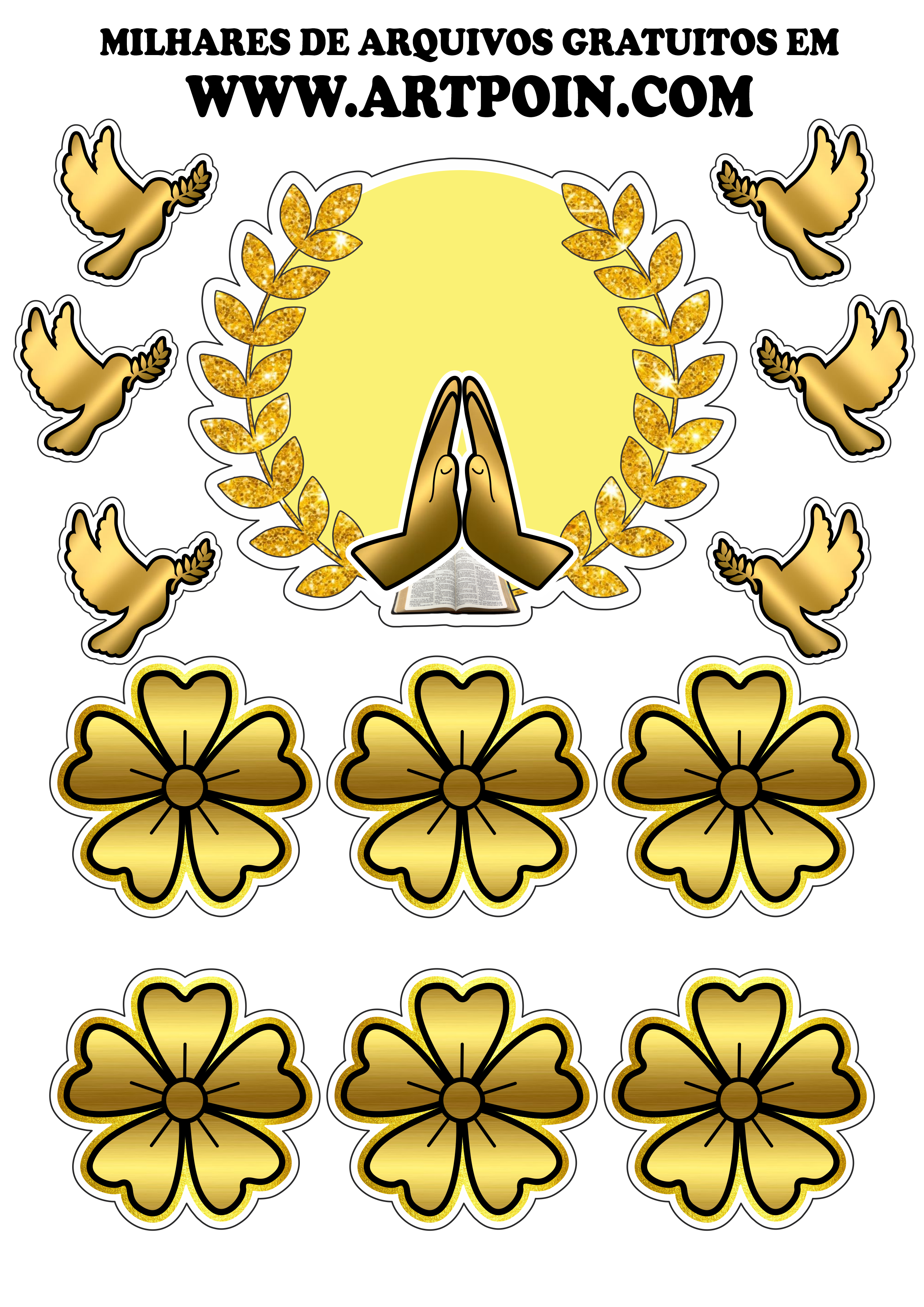Topo de bolo religioso evangélico dourado com flores grátis para imprimir png