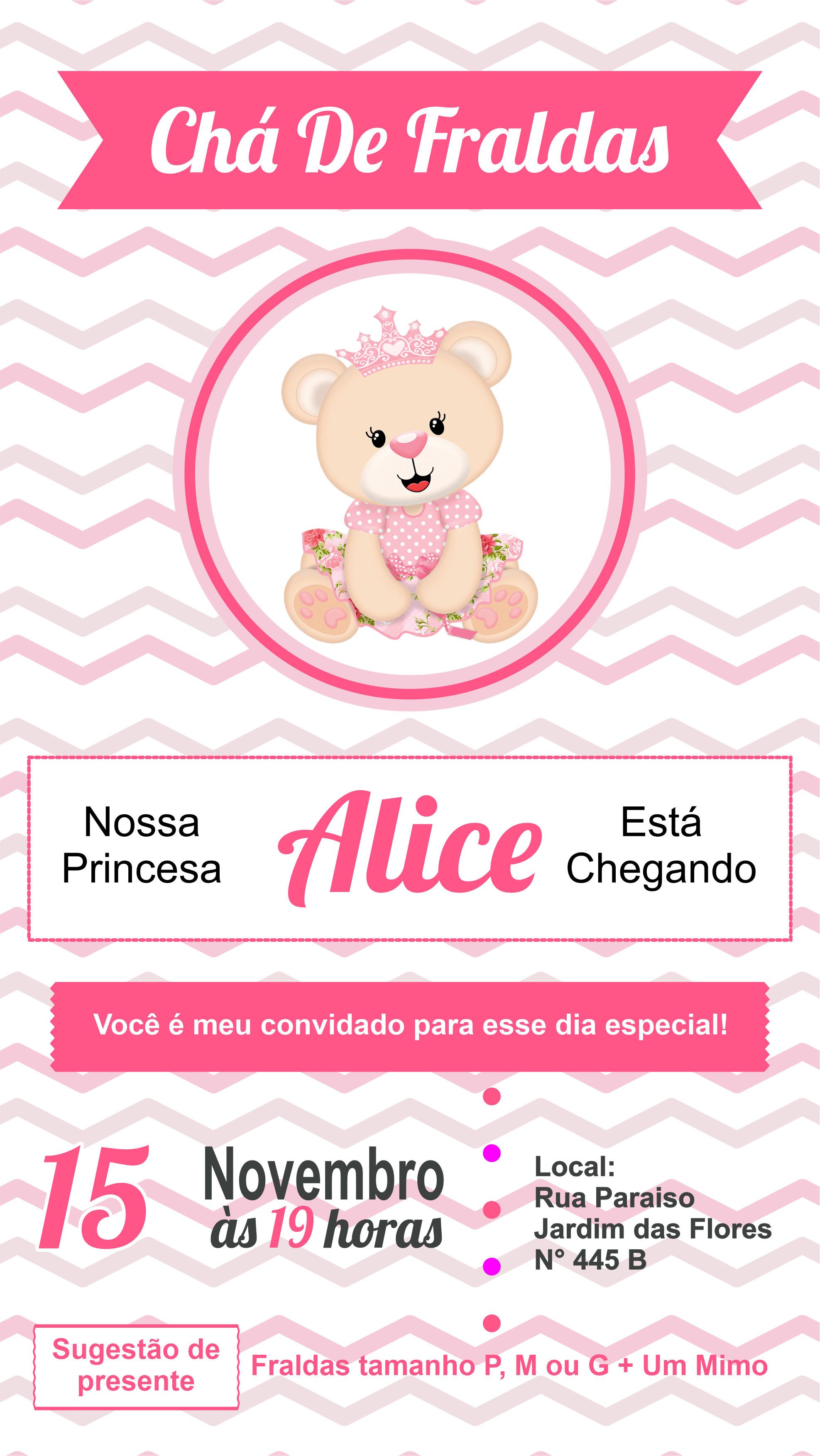 Convite virtual chá de fraldas ursinha princesa pronto para editar e imprimir grátis png