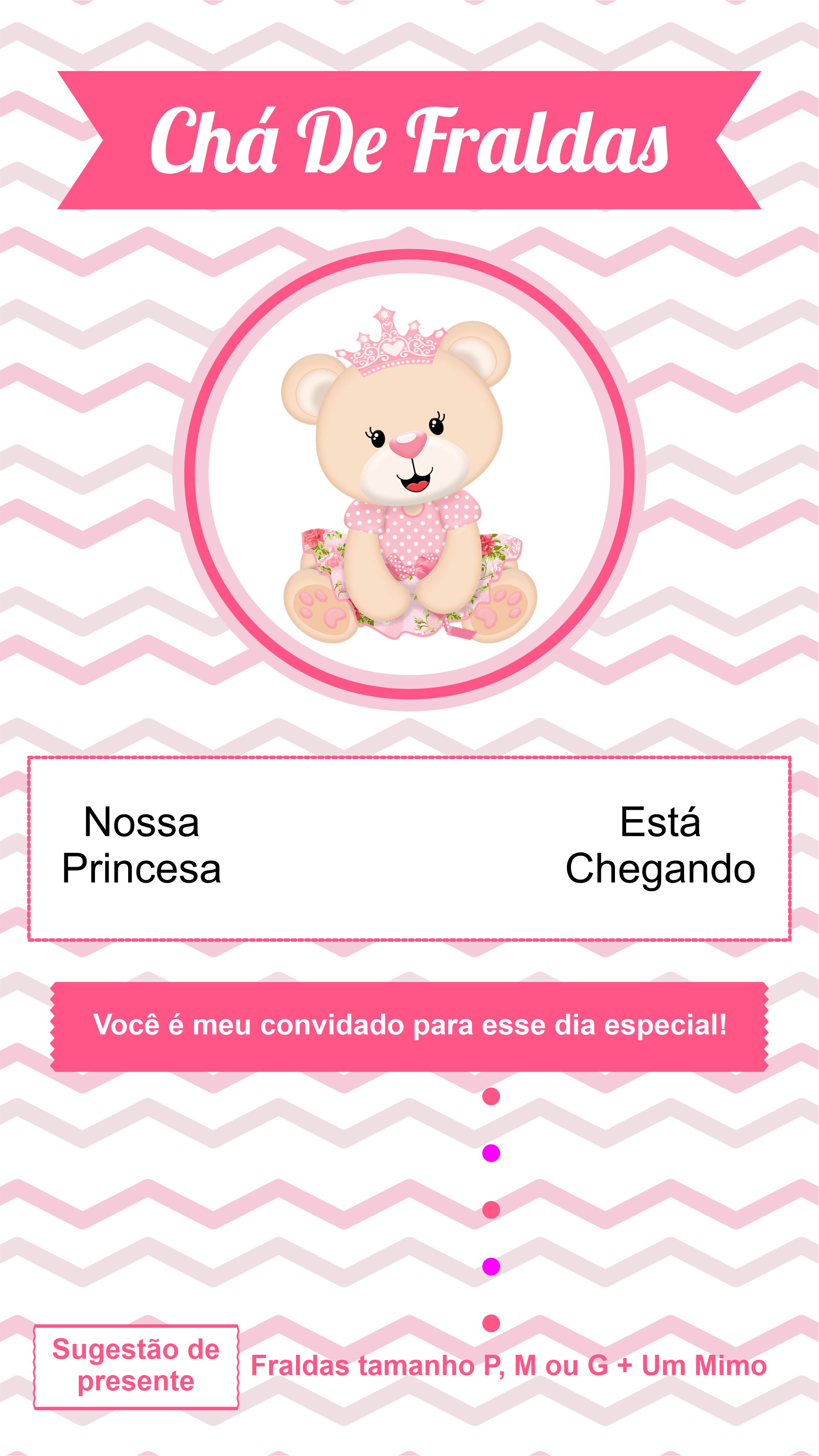 Convite virtual ch de fraldas ursinha princesa pronto para editar