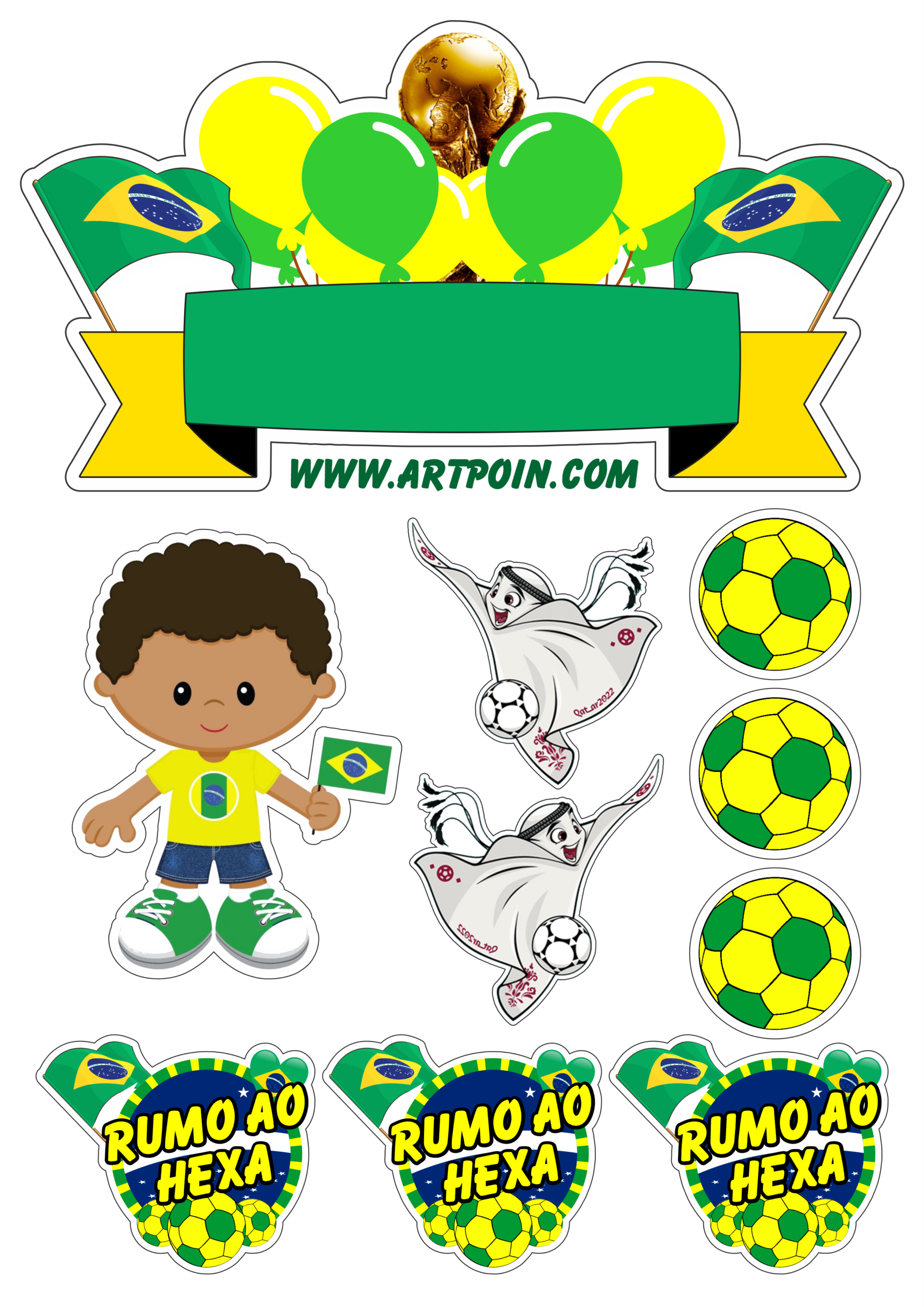 Topo de bolo copa do mundo qatar 2022 brasil rumo ao hexa festa personalizada png