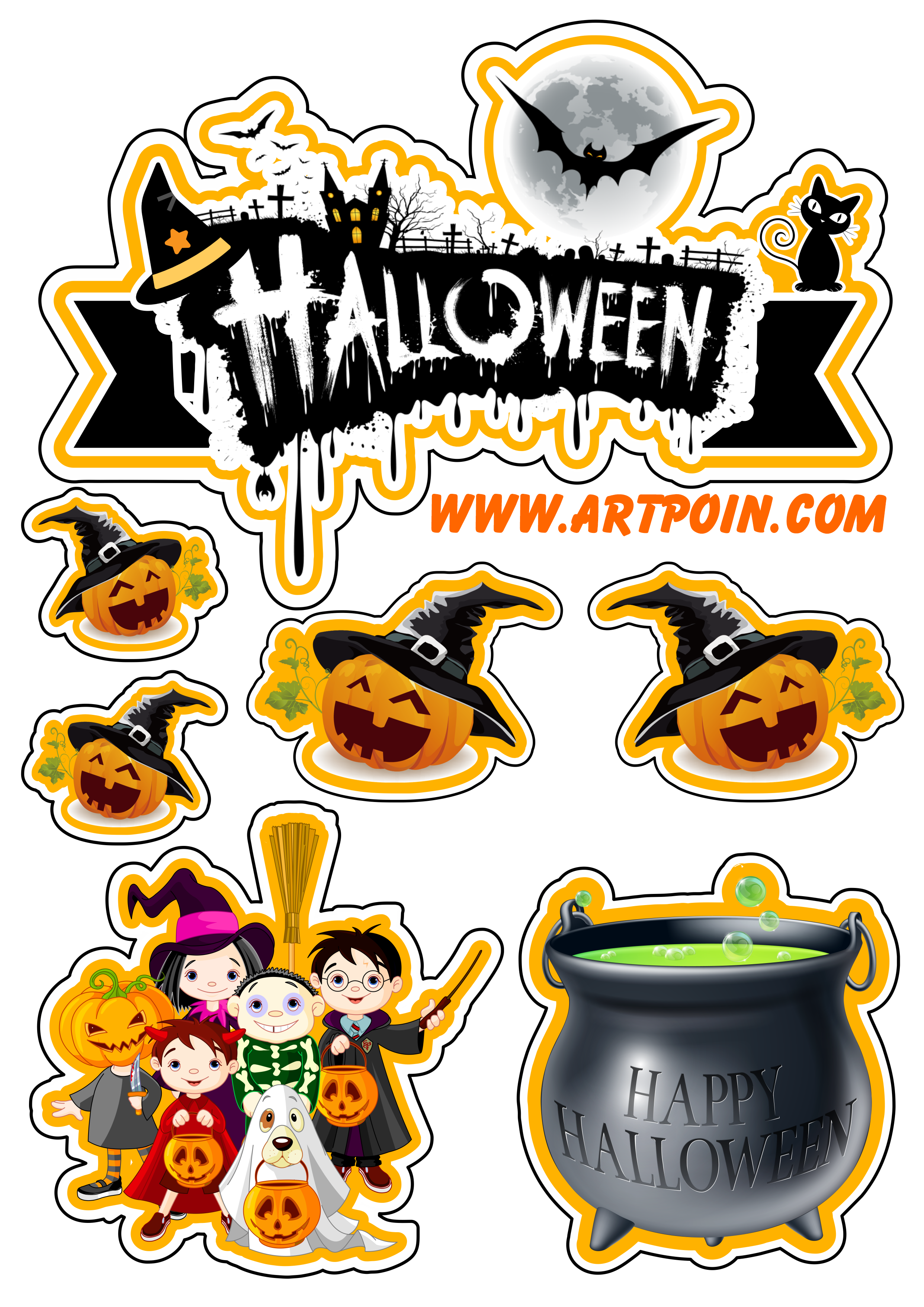 Dia das bruxas Happy Halloween topo de bolo para imprimir bruxinha com  morcegos castelo assustador png