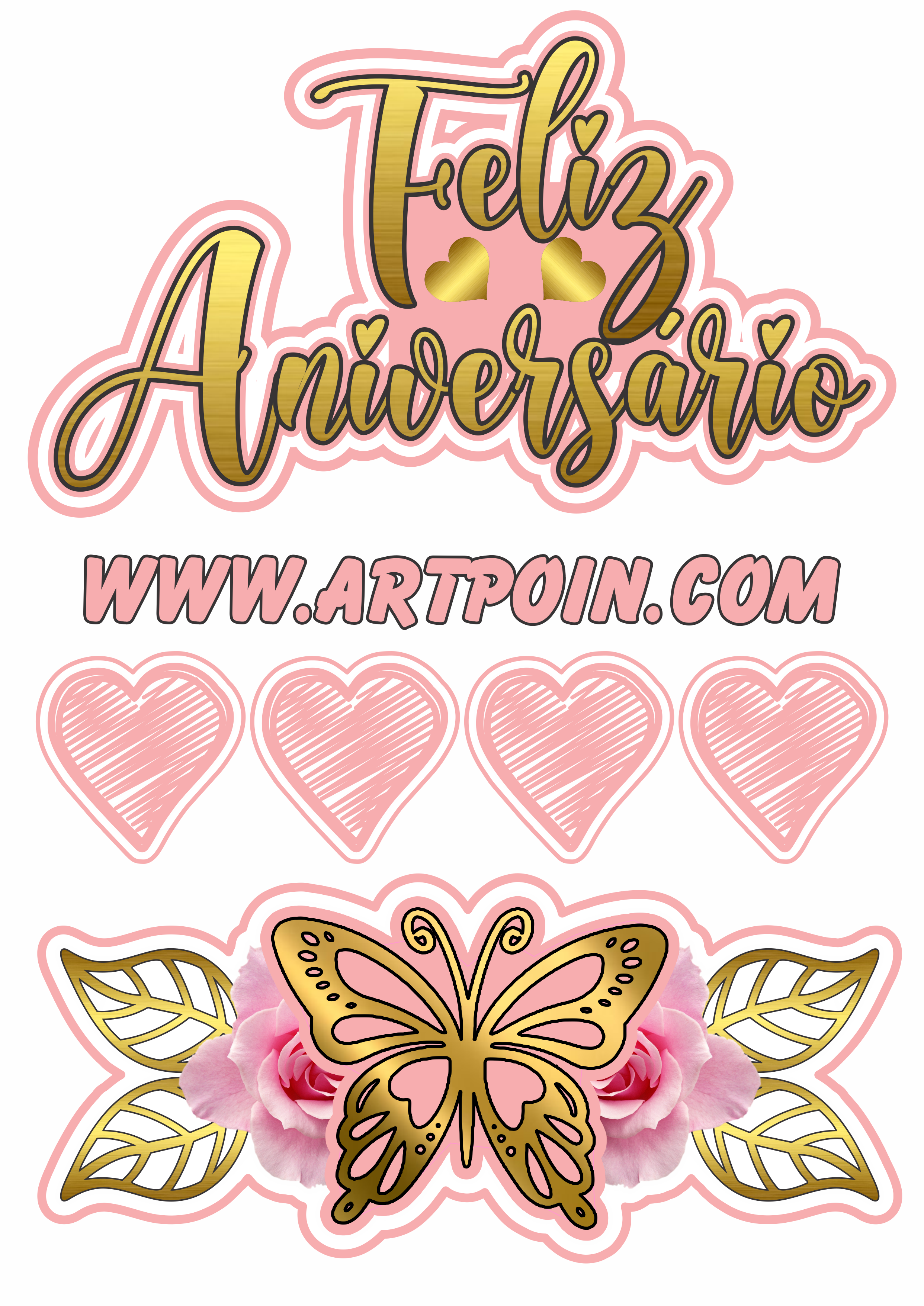 Feliz aniversário topo de bolo dourado com flores e borboletas rosa free download png