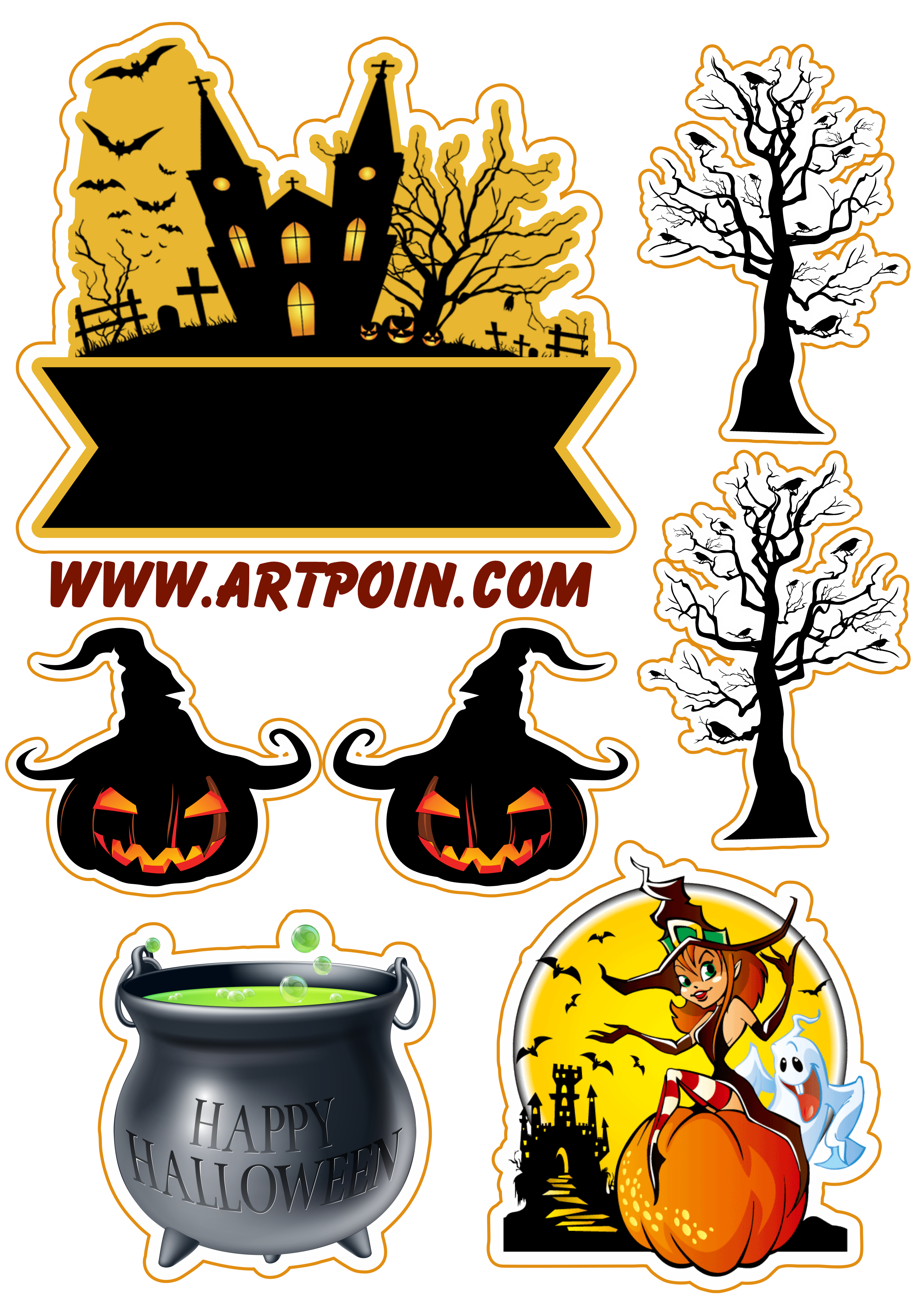 Dia das bruxas Happy Halloween topo de bolo para imprimir bruxinha com  morcegos castelo assustador png