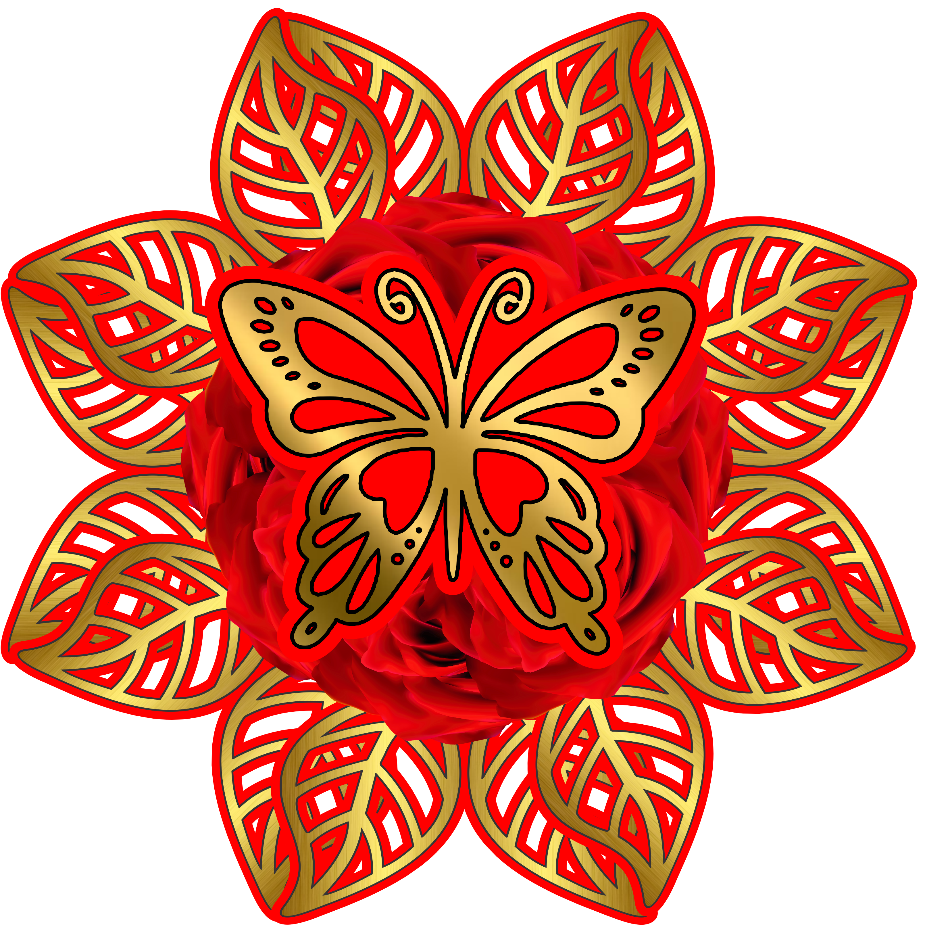Rosa flor vermelha com folhas douradas clipart fundo transparente png