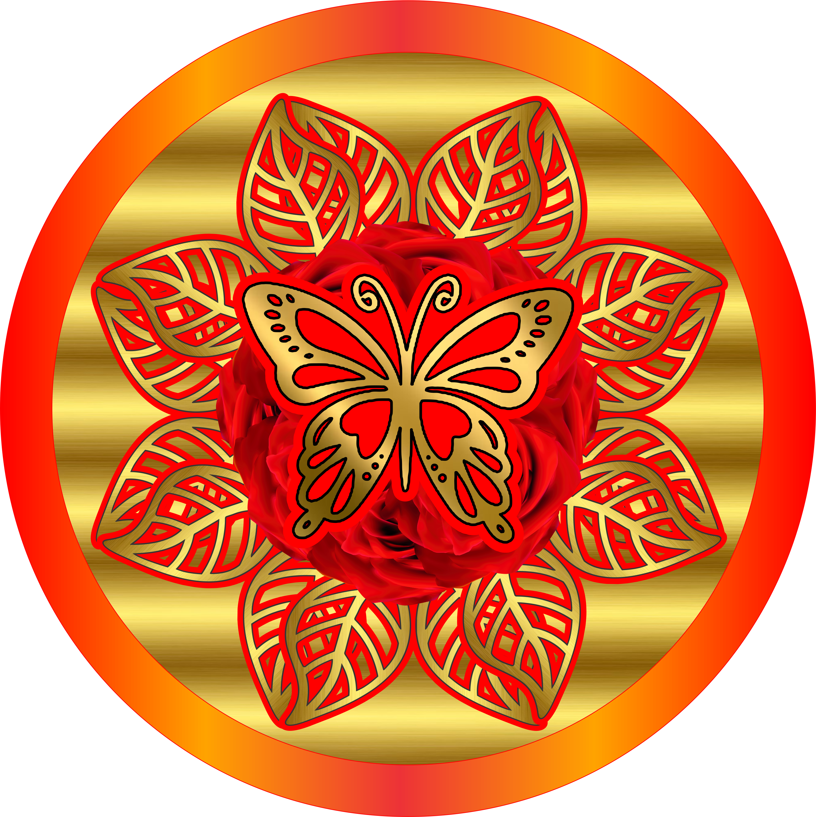 Adesivos sticker redondo dourado com flor e borboleta vermelha clipart png