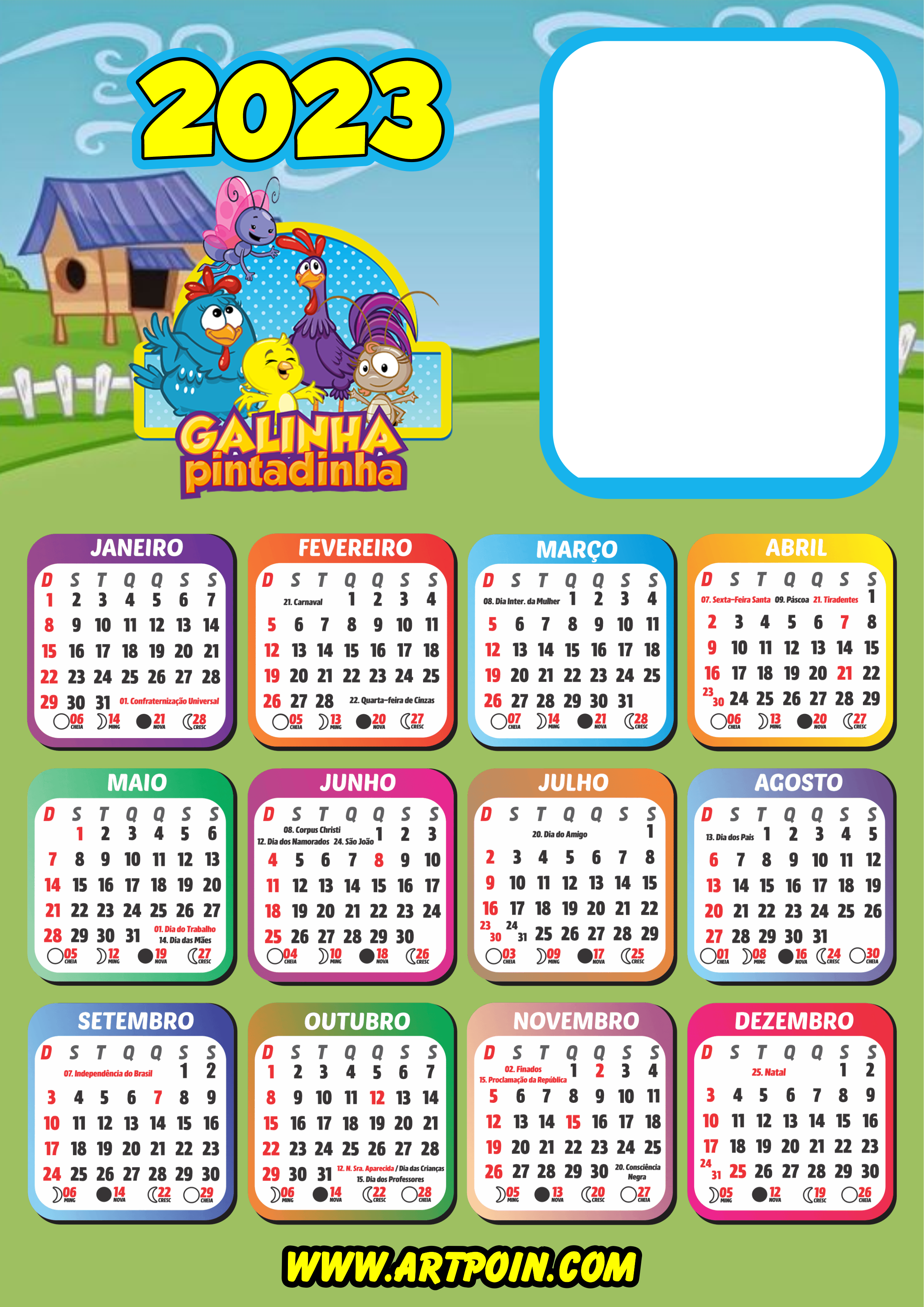 Calendário 2023 galinha pintadinha moldura para foto free download png