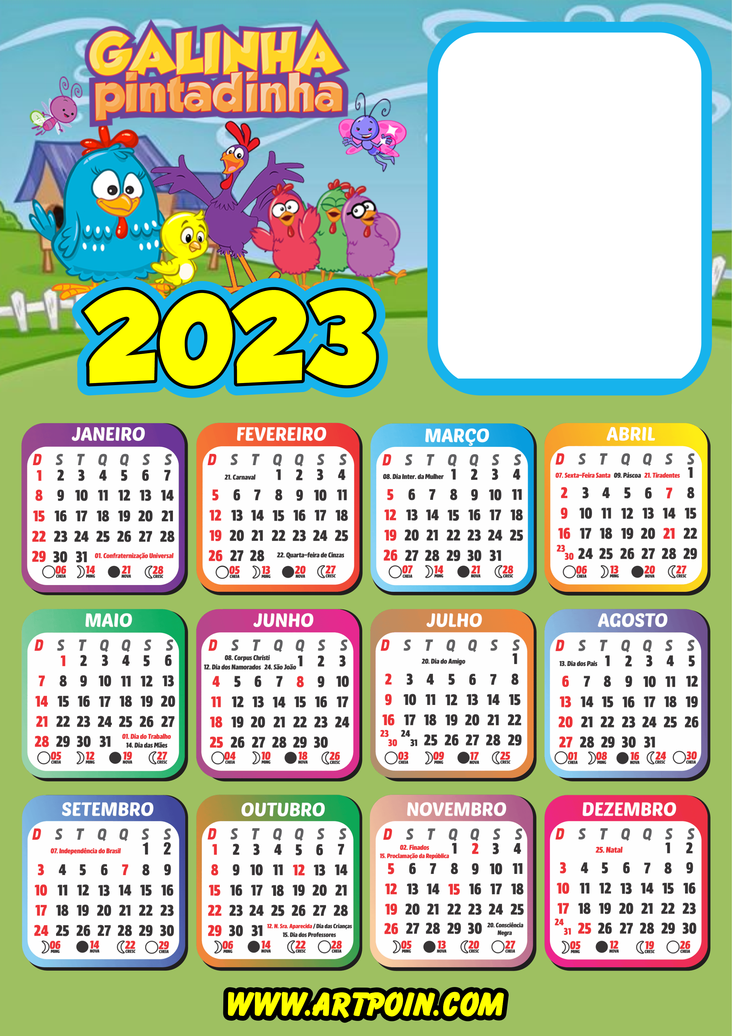 Calendário 2023 galinha pintadinha moldura para foto infantil png
