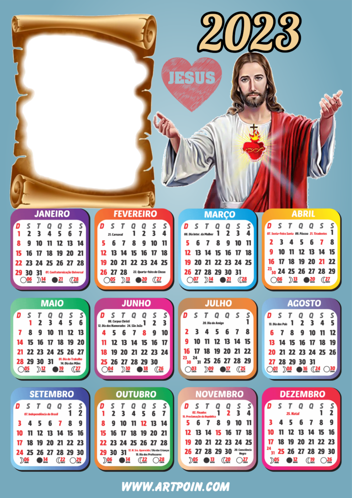 Calendário 2023 religioso Jesus moldura para foto png