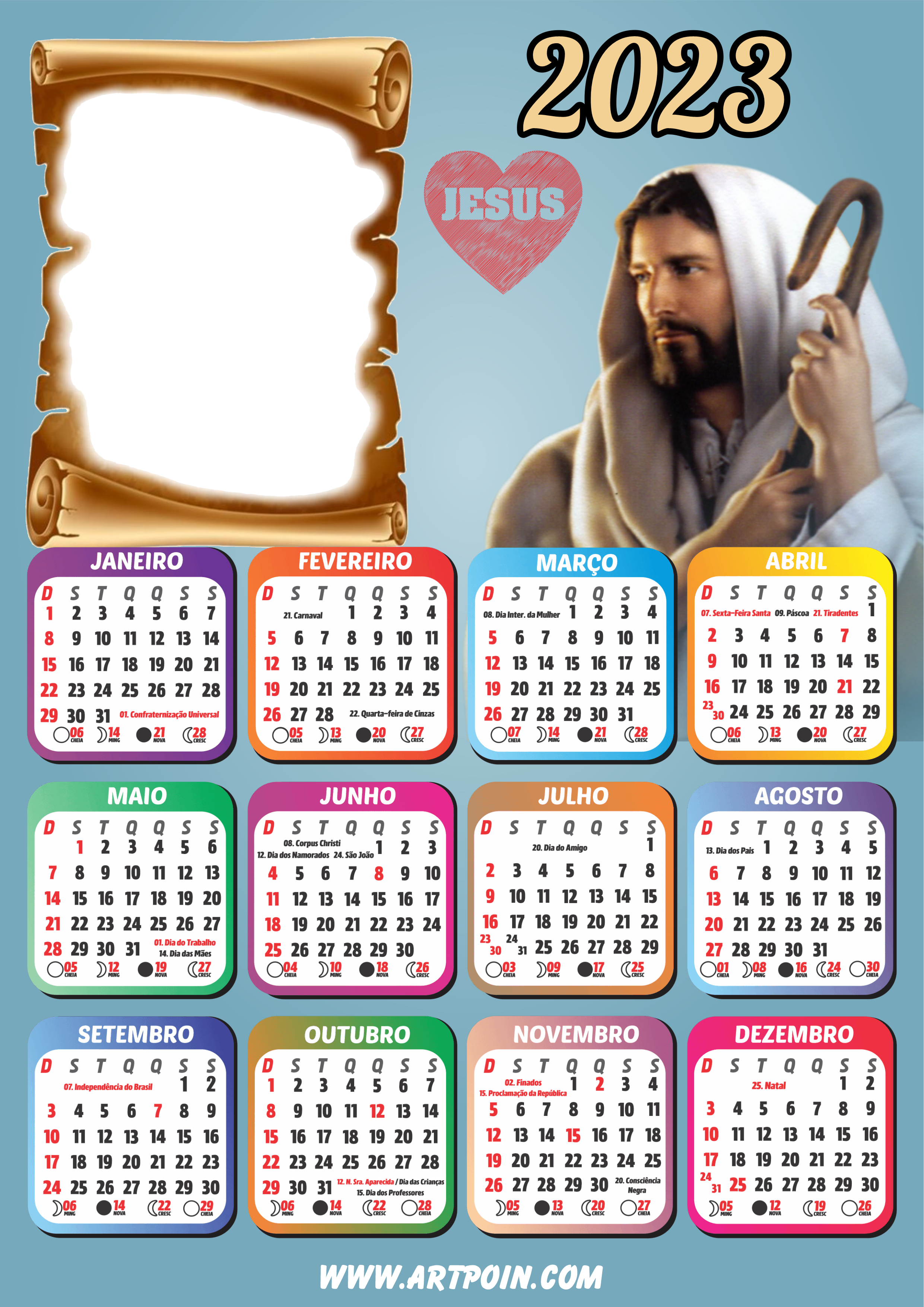 Calendário 2023 religioso Jesus moldura para foto pronto para editar png