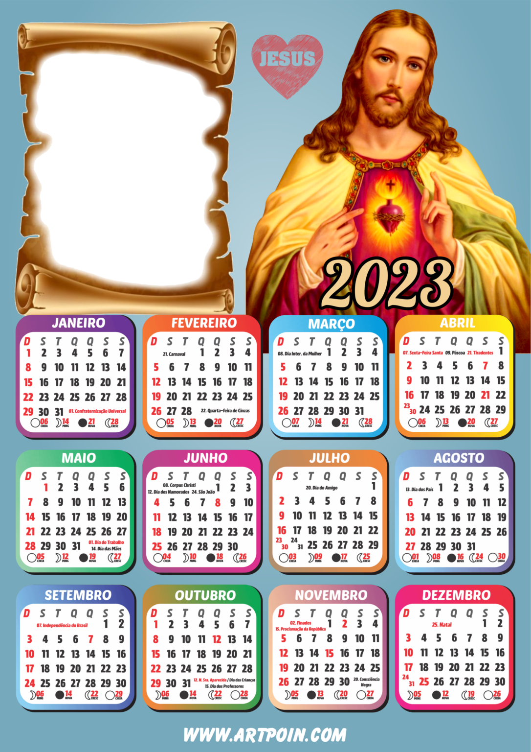 Calendário 2023 religioso Jesus moldura para foto pronto para editar e