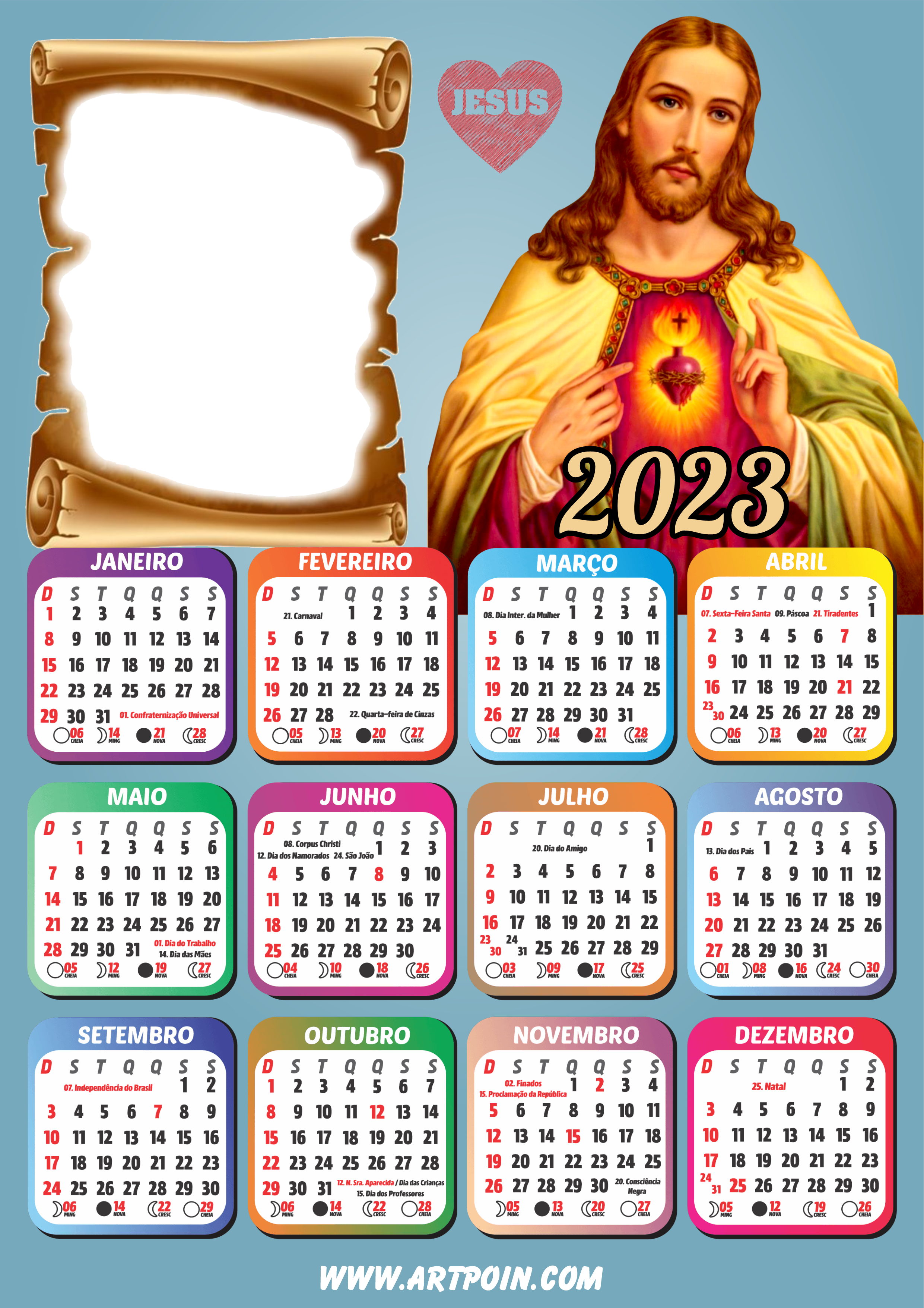 Calendário 2023 religioso Jesus moldura para foto pronto para editar e imprimir grátis png