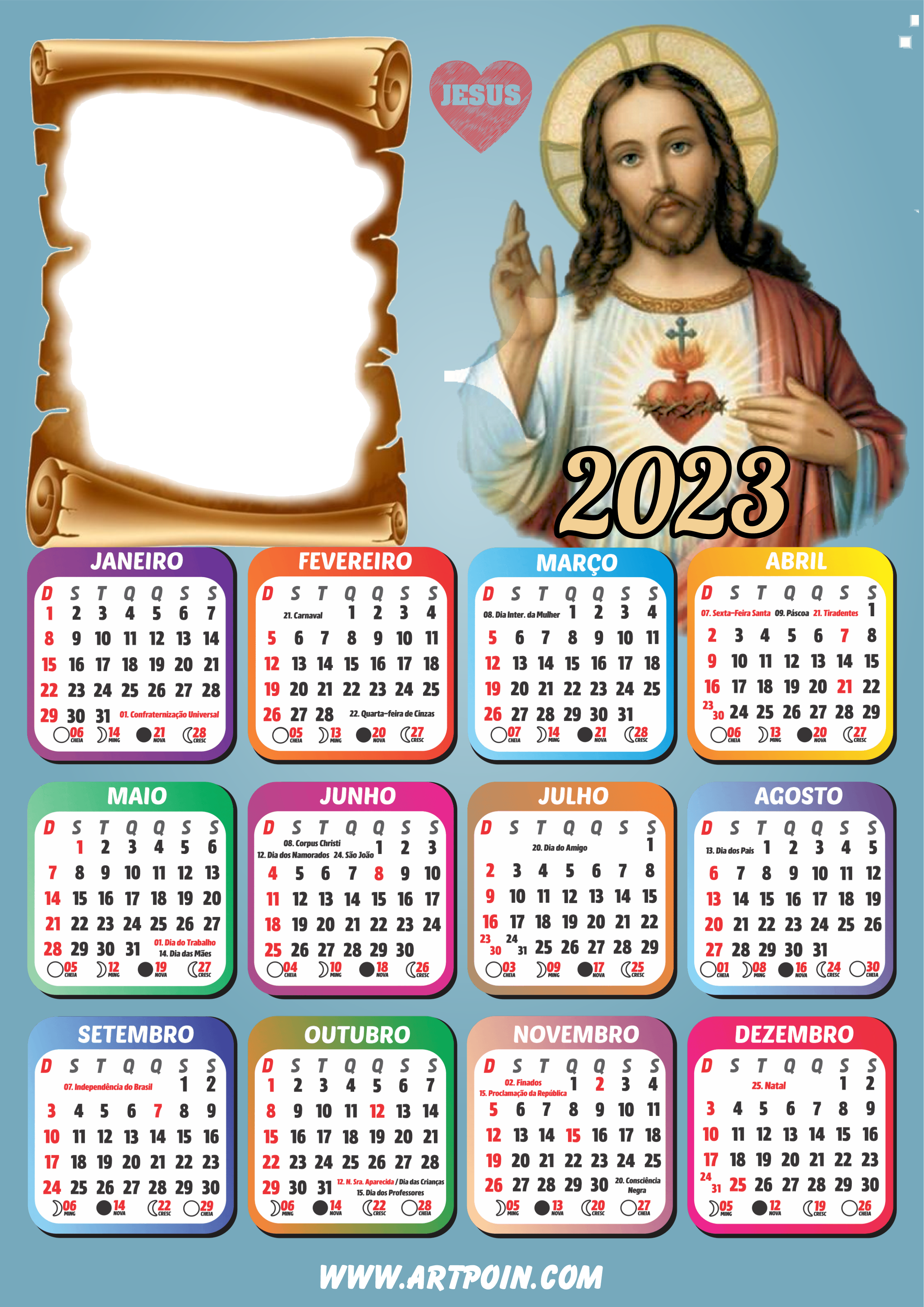 Calendário 2023 religioso Jesus moldura para foto pronto para editar e imprimir free png