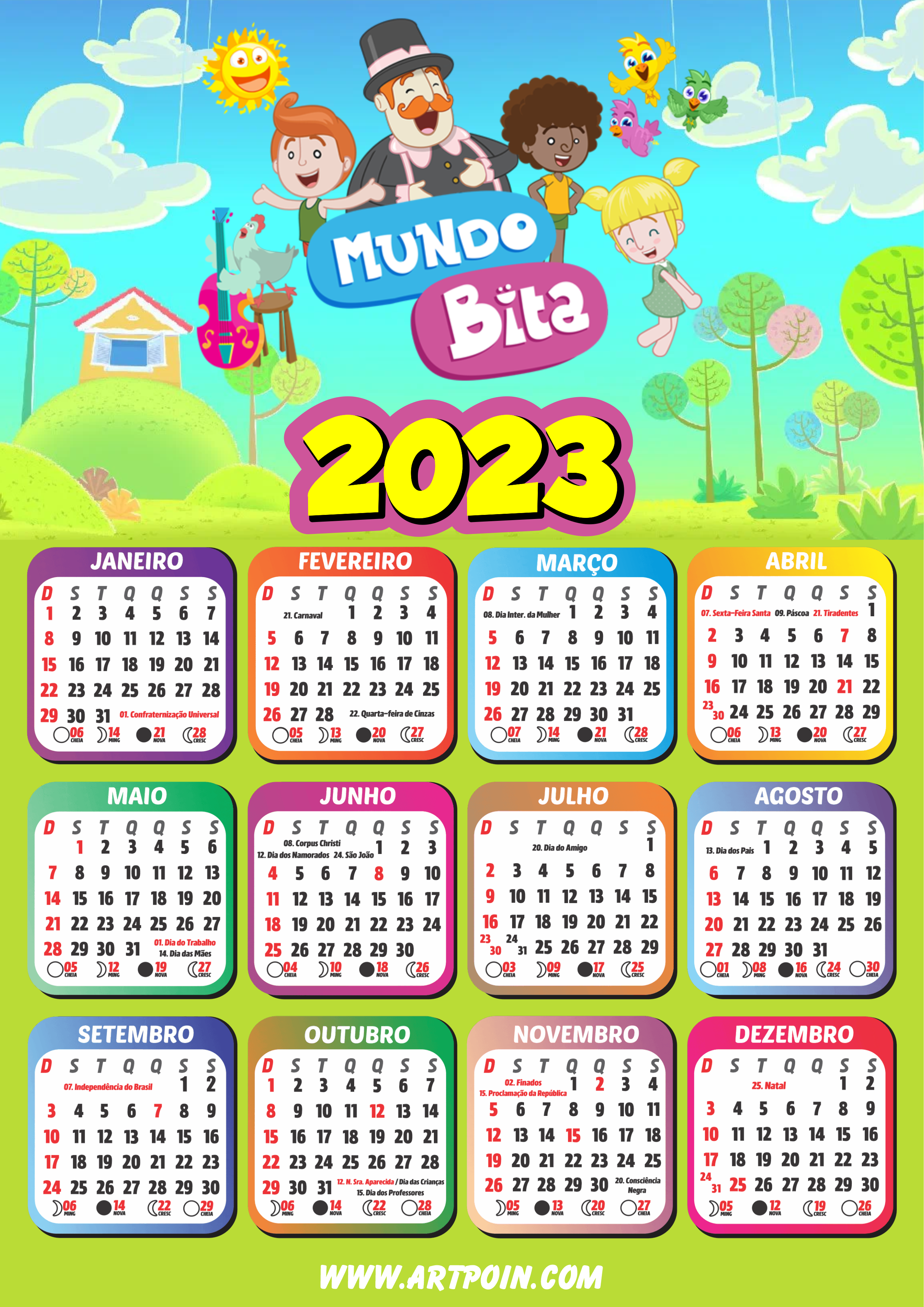 Calendário 2023 mundo bita infantil png