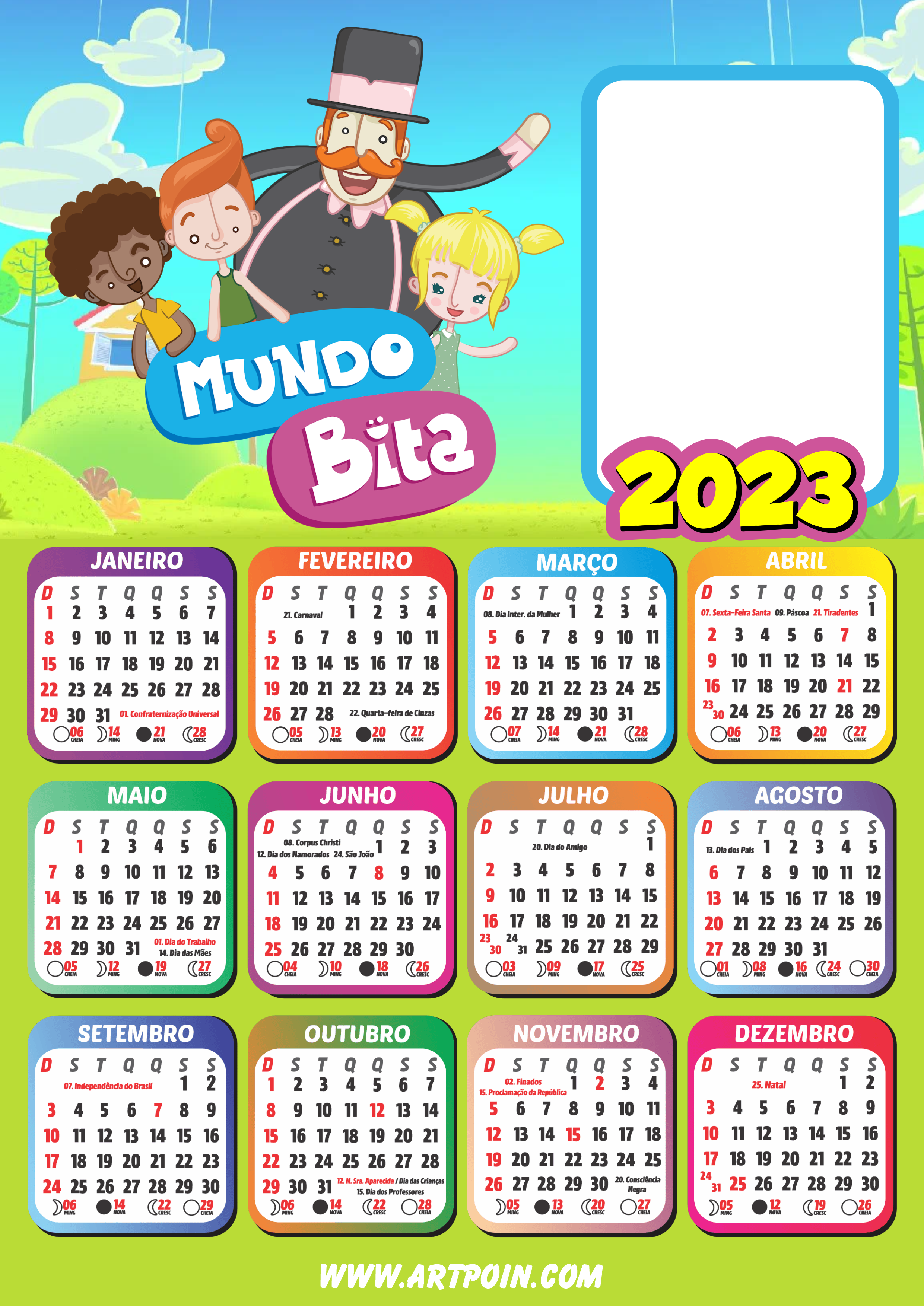 Calendário fotográfico 2023 mundo bita infantil grátis para imprimir png