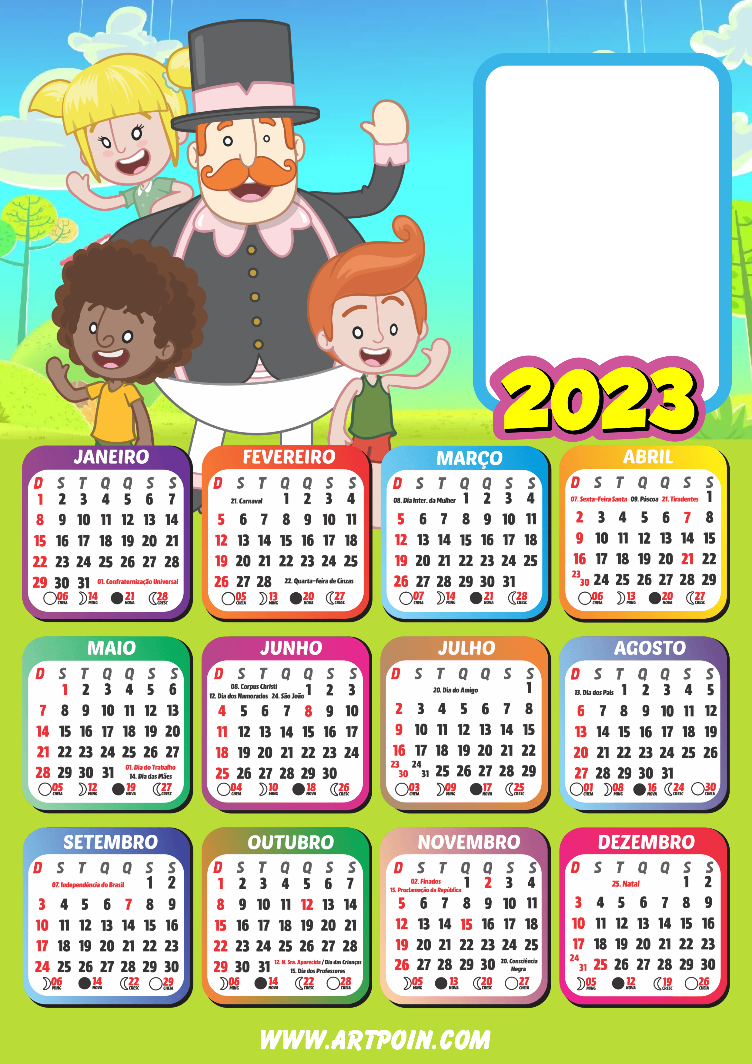 Calendário fotográfico 2023 mundo bita infantil grátis png