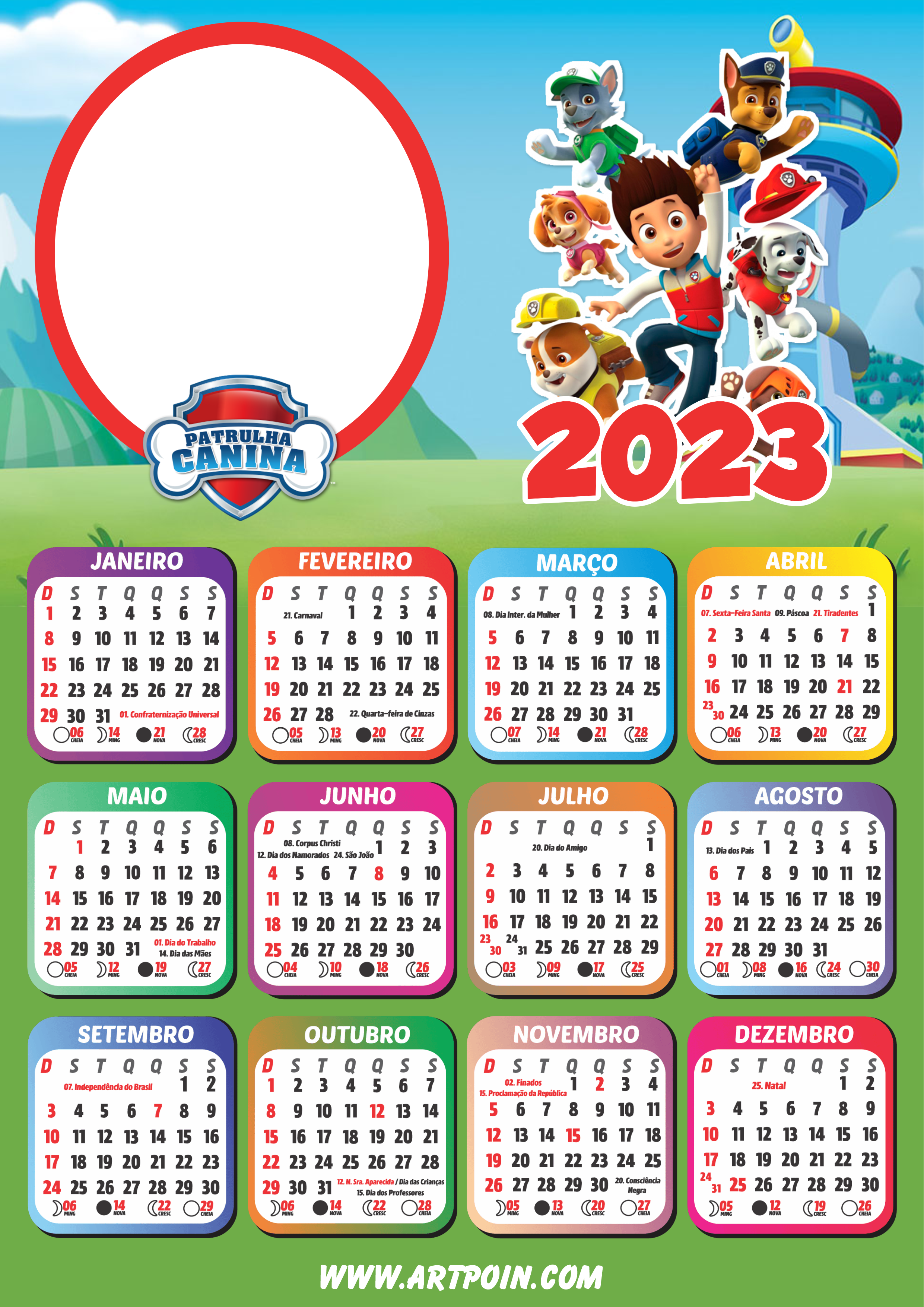 Calendário 2023 patrulha canina paw patrol foto personalizada grátis para imprimir png