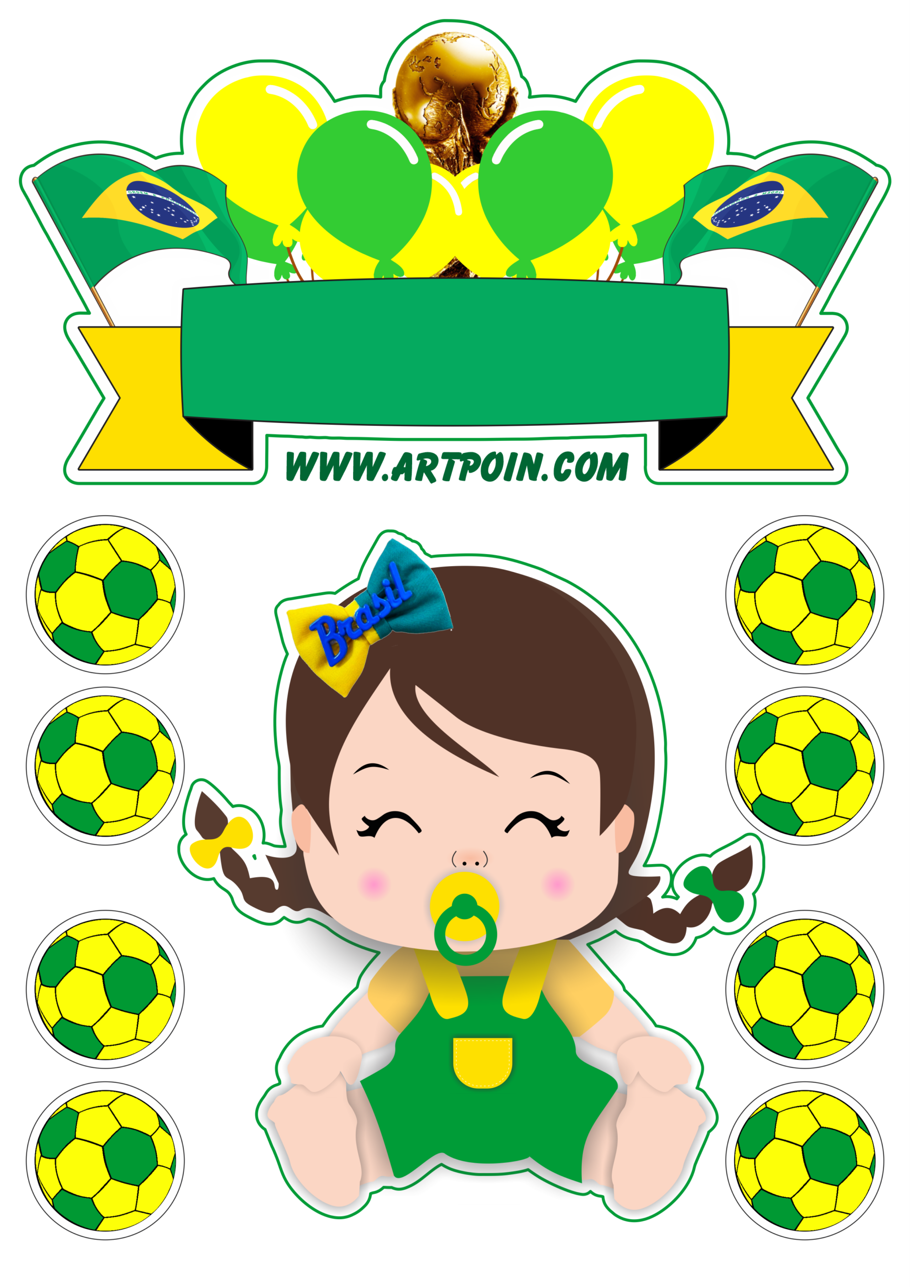 Cake topper a little brazilian baby fan world cup 2022 green and yellow decoration png