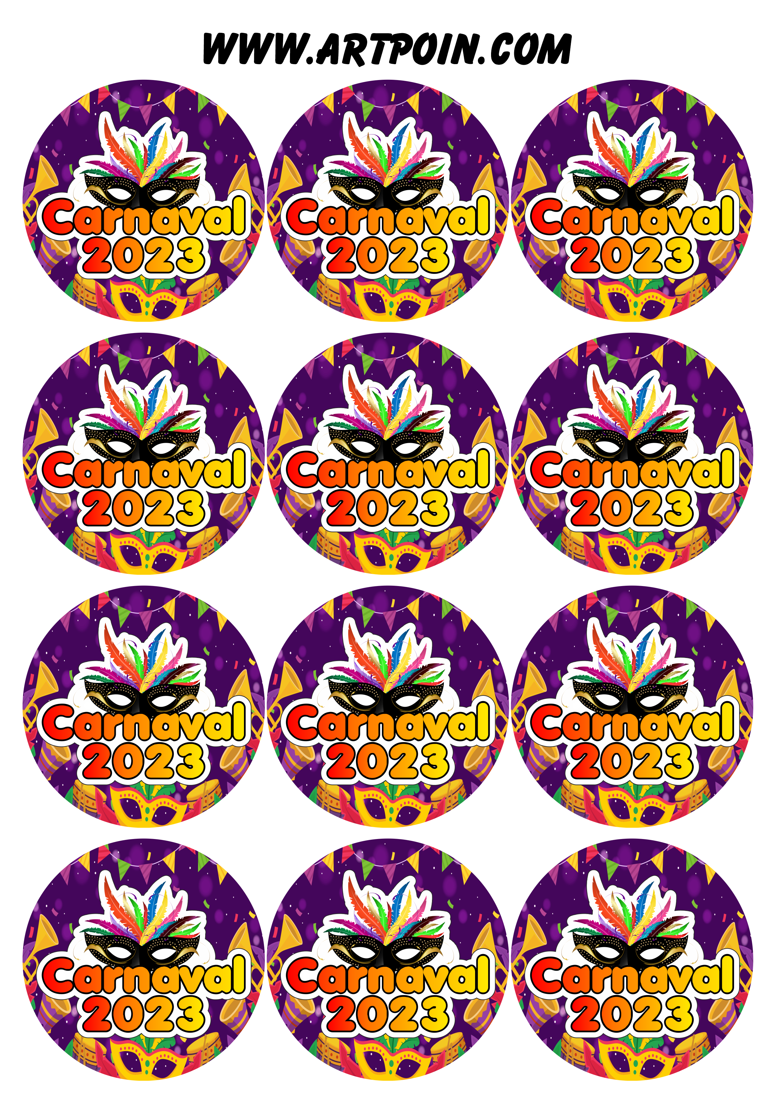 Carnaval 2023 adesivos stickers redondos pronto para imprimir e decorar 12 imagens png