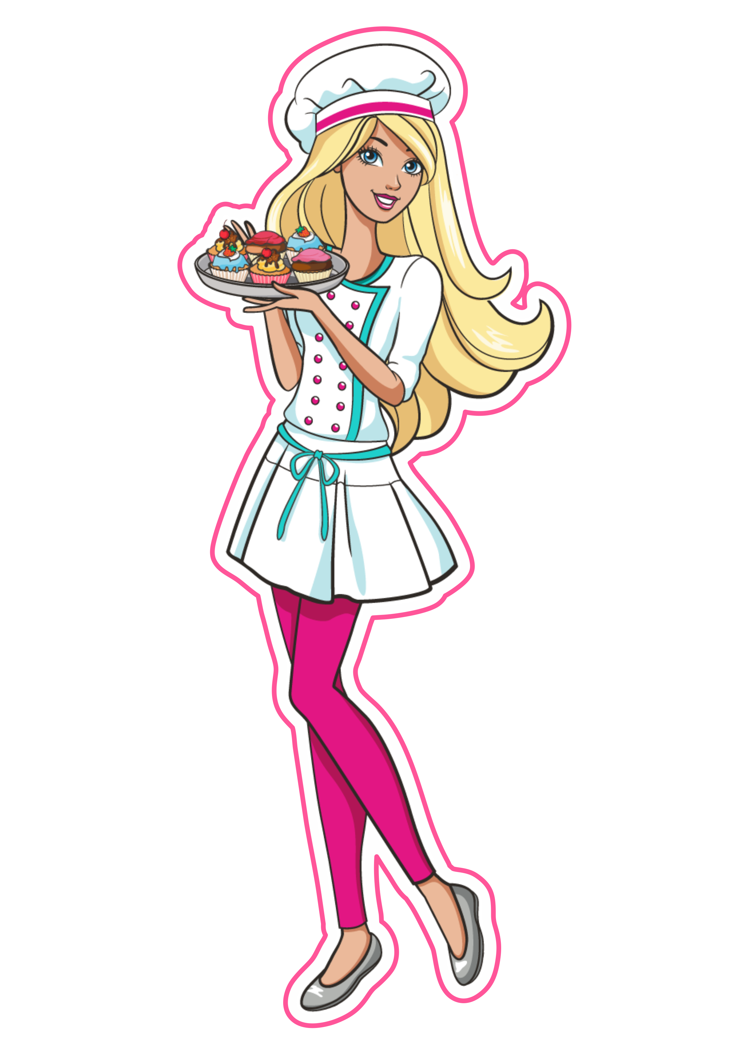 Ilustração Barbie confeiteira segurando docinhos de festa desenho png