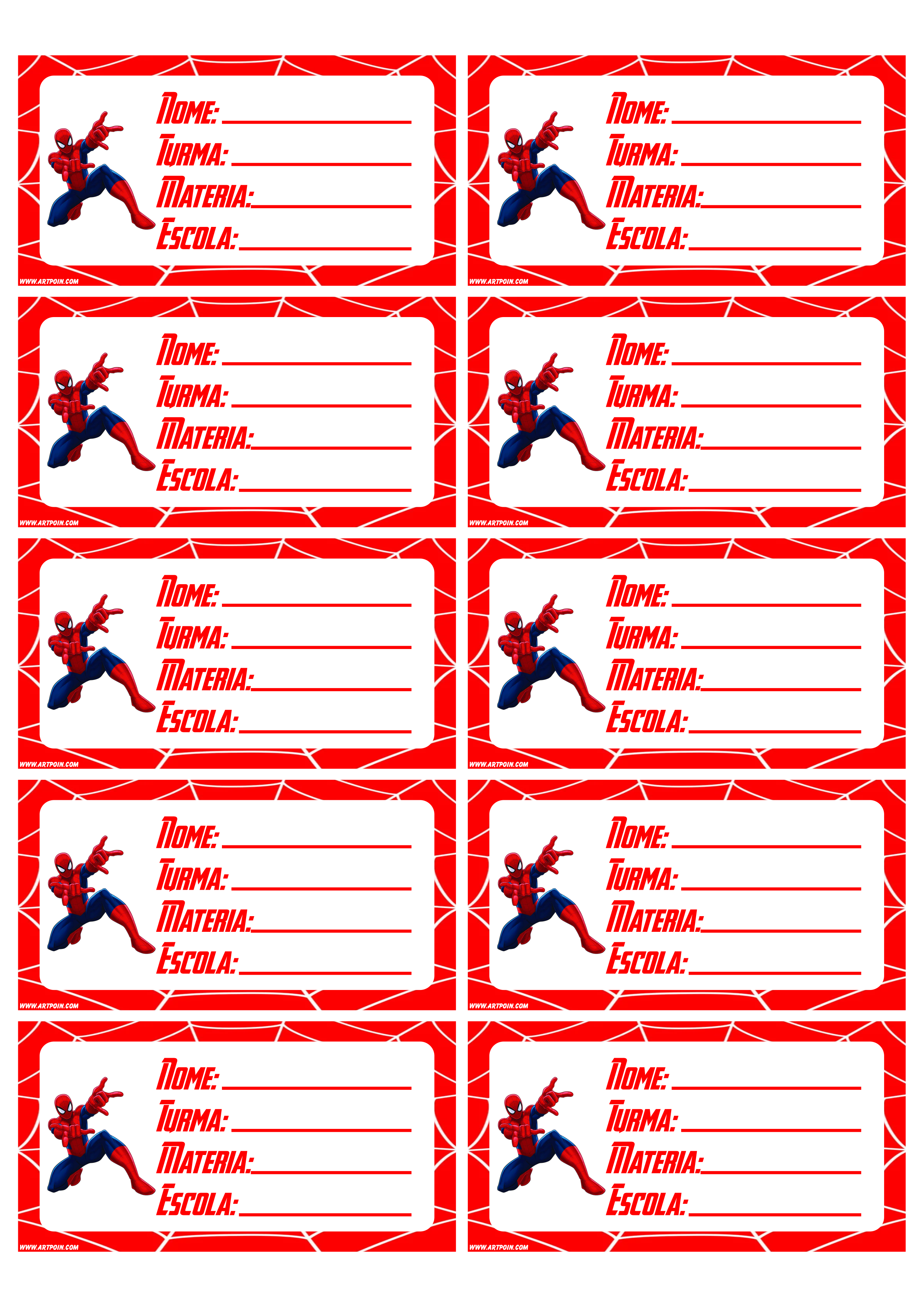 Etiquetas personalizadas para material escolar homem aranha 10 tags prontas para imprimir grátis png