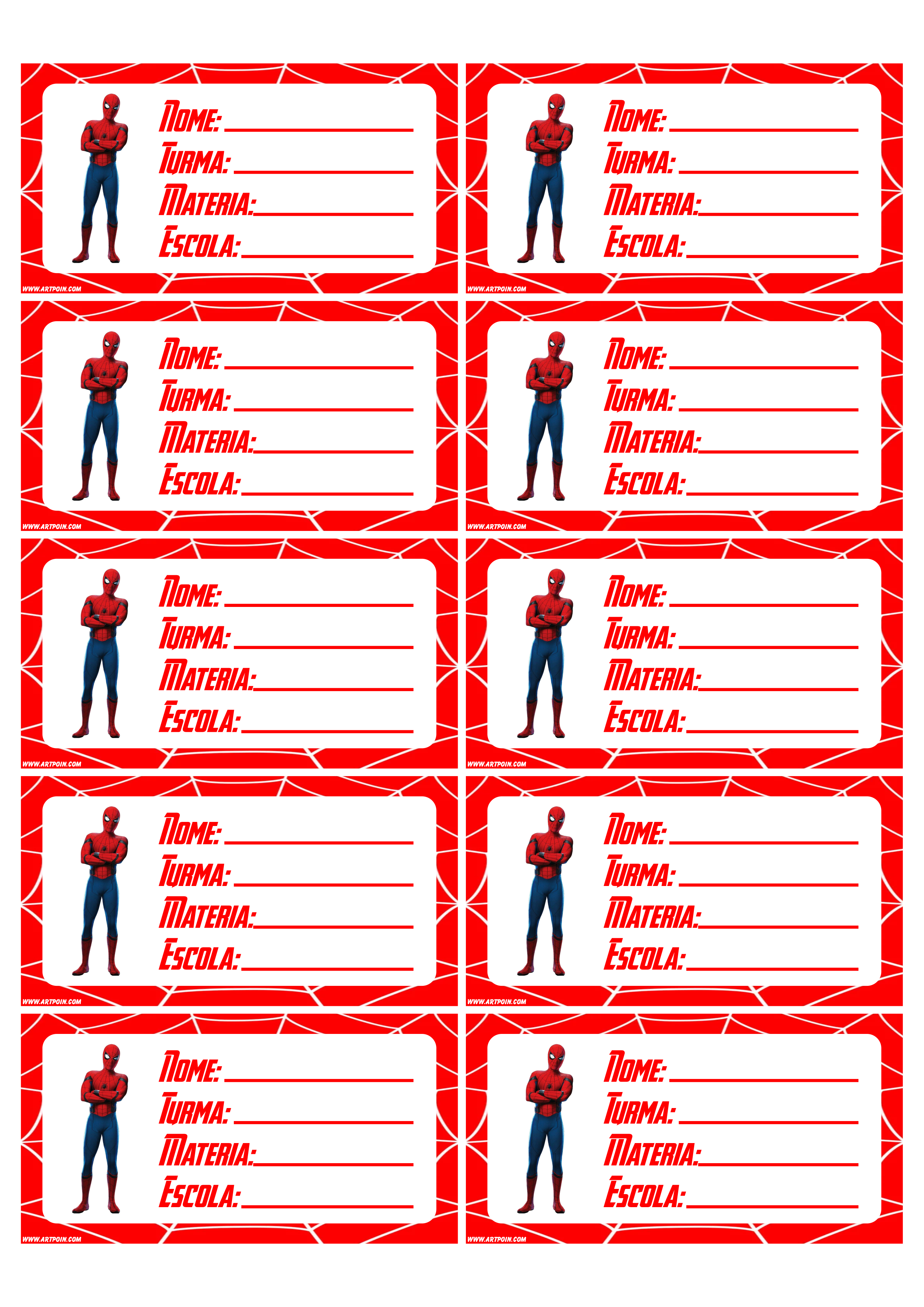 Etiquetas de identificação para material escolar homem aranha 10 tags prontas para imprimir grátis png