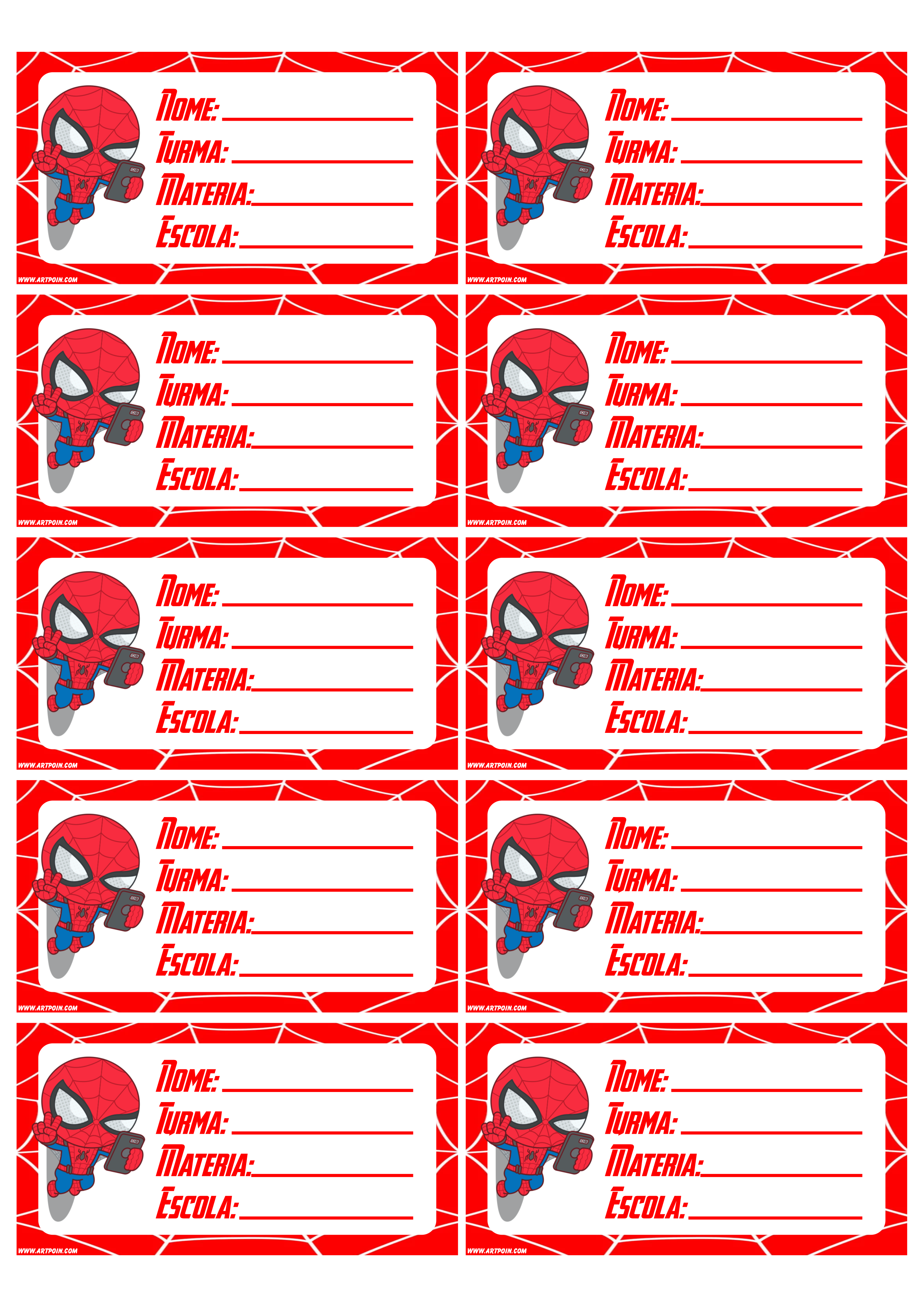 Etiquetas de identificação para material escolar homem aranha prontas para imprimir grátis png