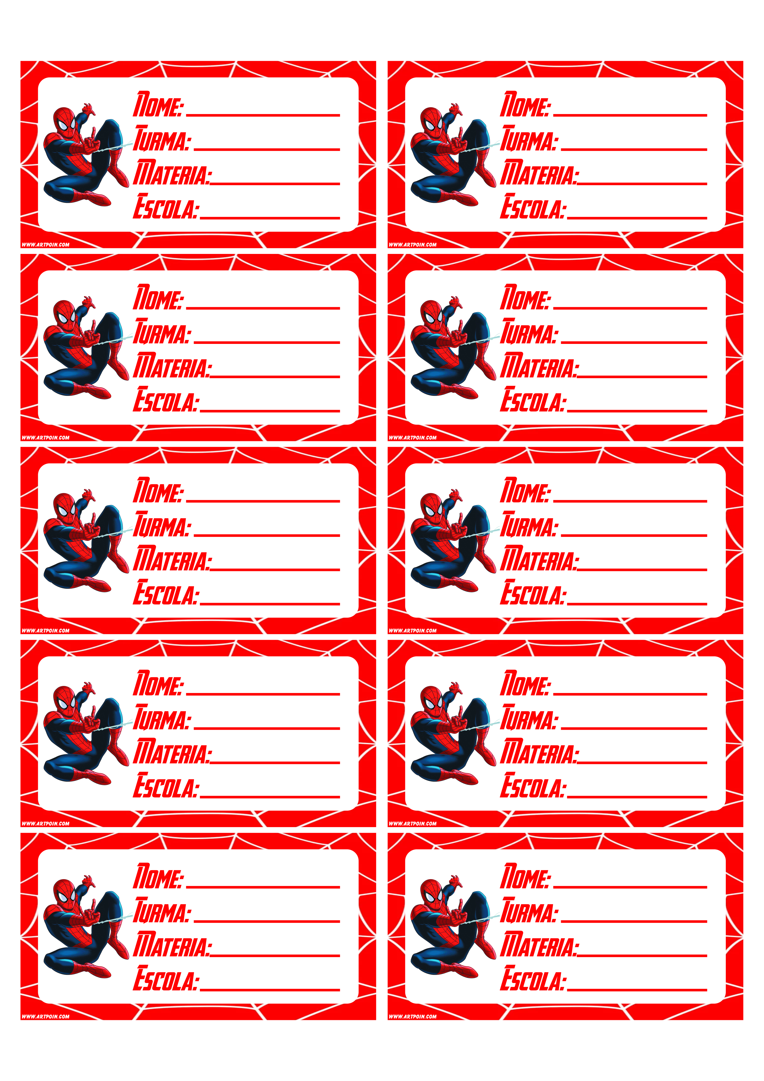 Etiquetas personalizadas para material escolar homem aranha 10 tags prontas para imprimir png
