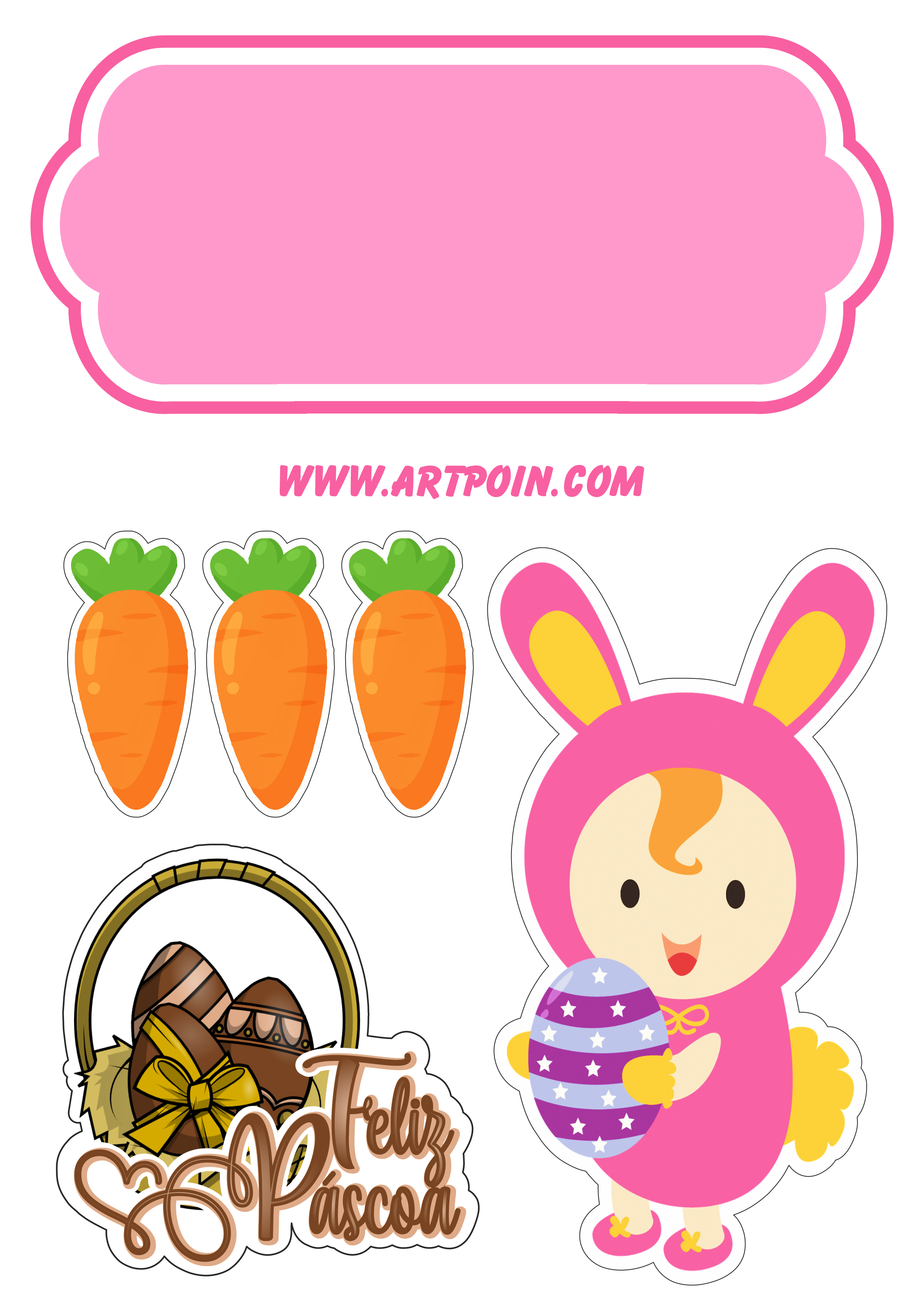 Topo de bolo páscoa baby com ovinhos de chocolate e cenourinhas fantasia de coelhinho rosa png