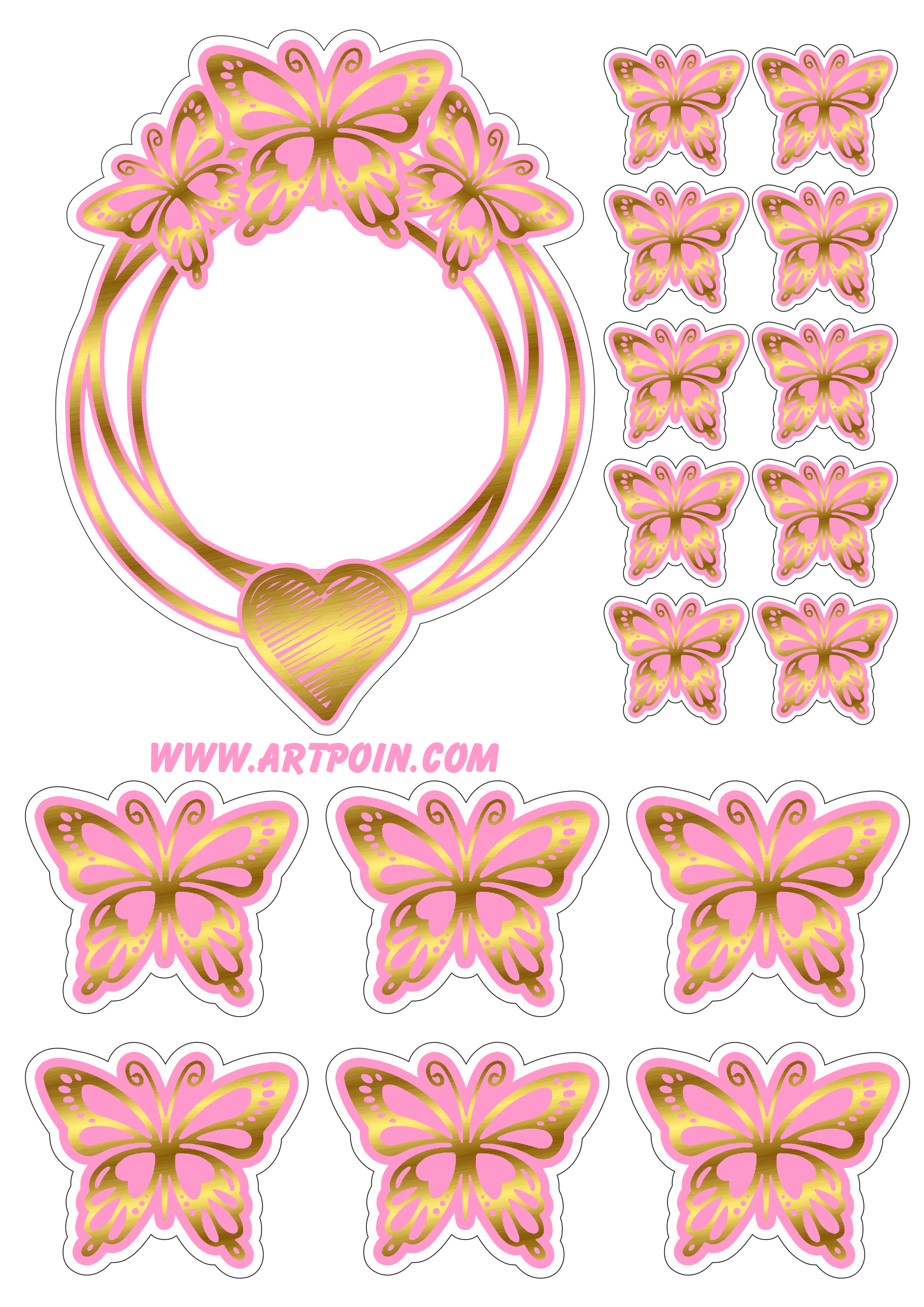 Borboletas douradas com rosa topo de bolo decoração de festa grátis para imprimir png